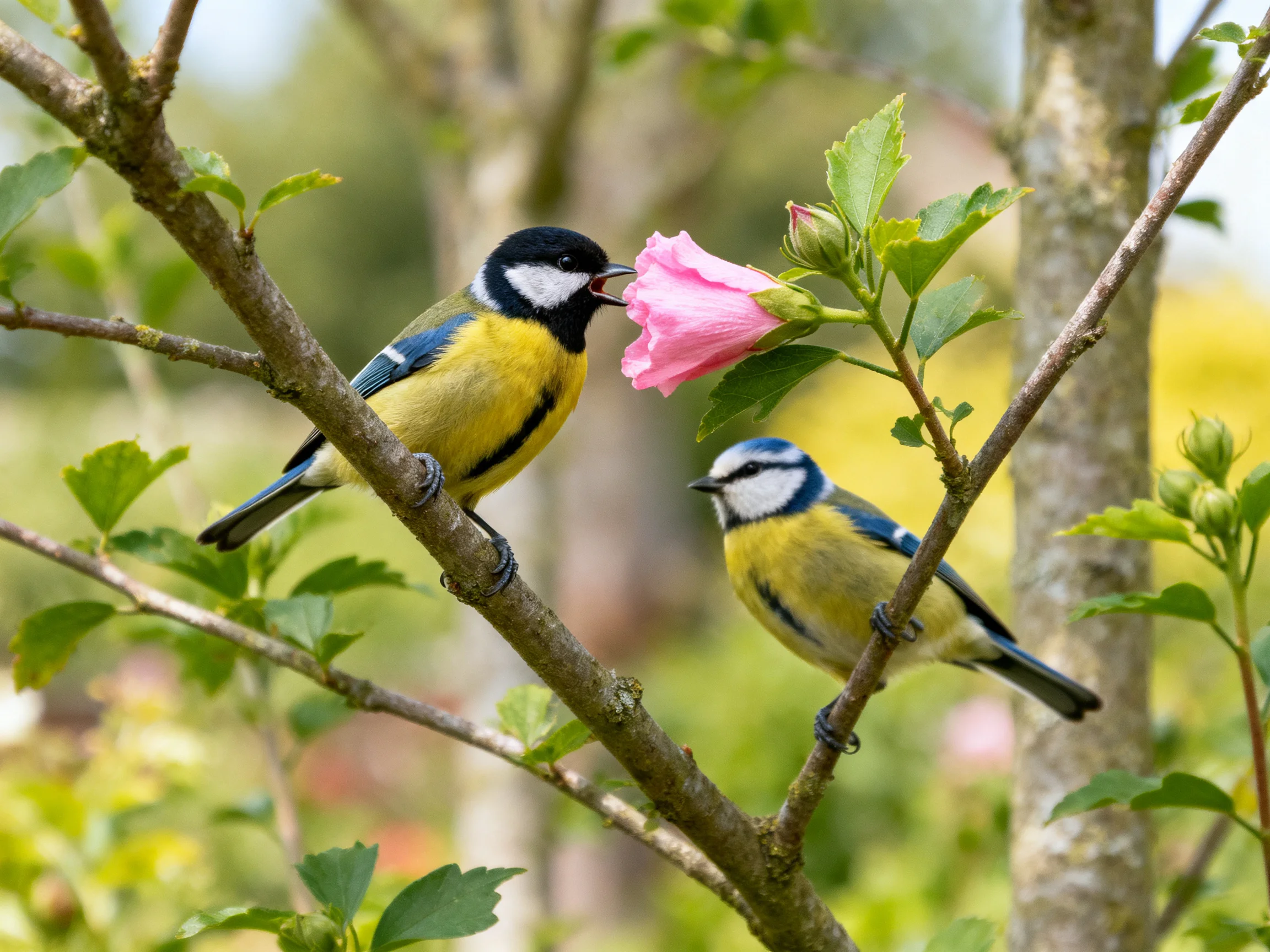 Two blue tits interacting with a pink flower on tree branches