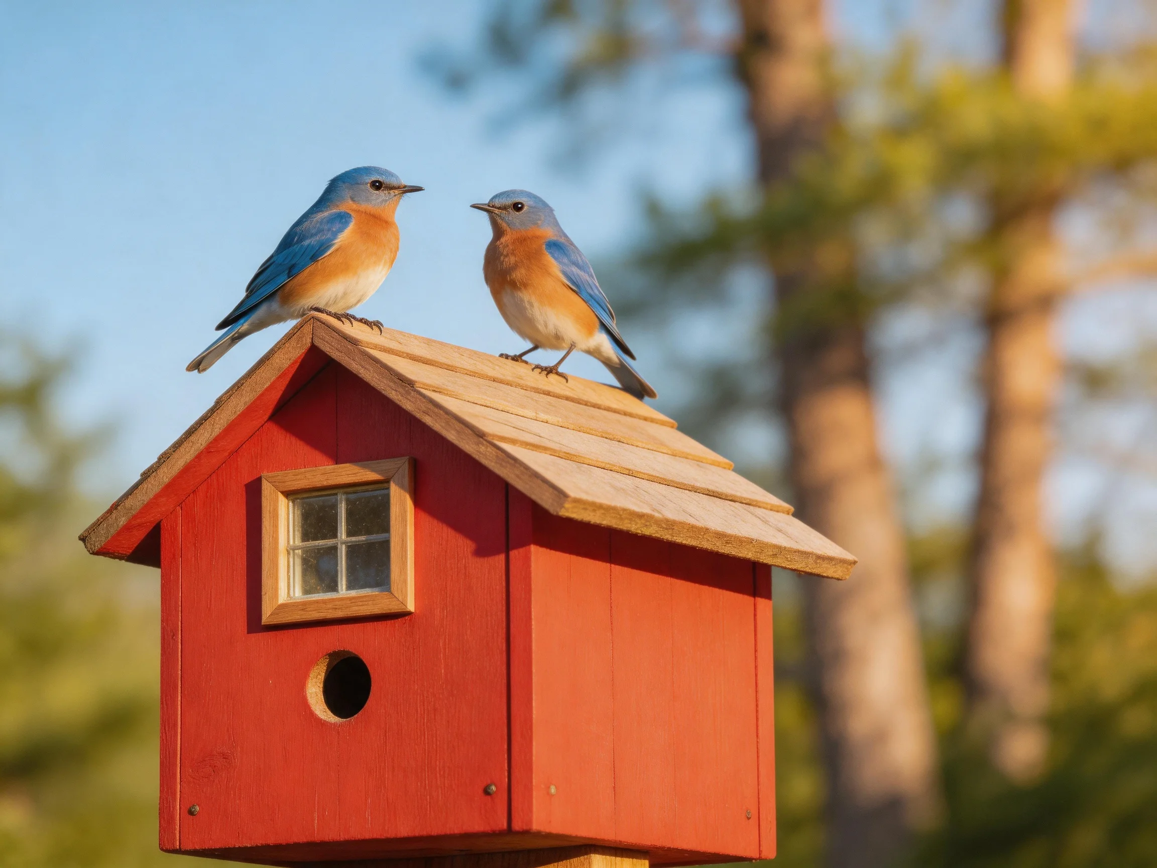 Two bluebirds perch on a bright red wooden birdhouse