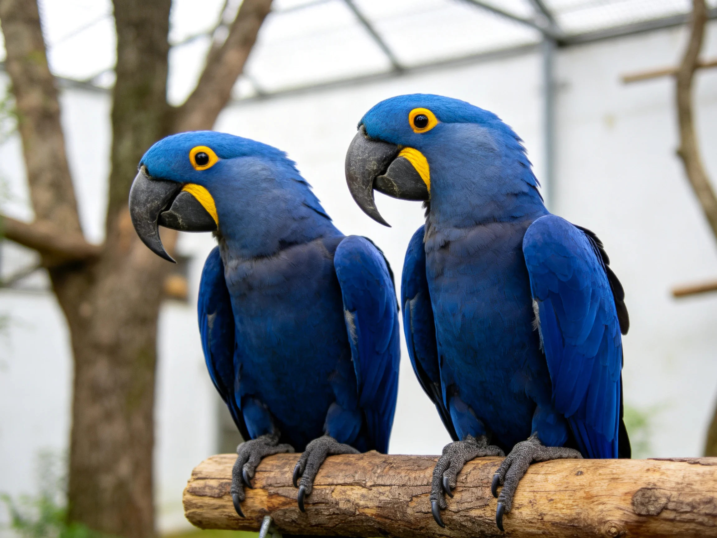 Two bright blue parrots perched on a wooden branch