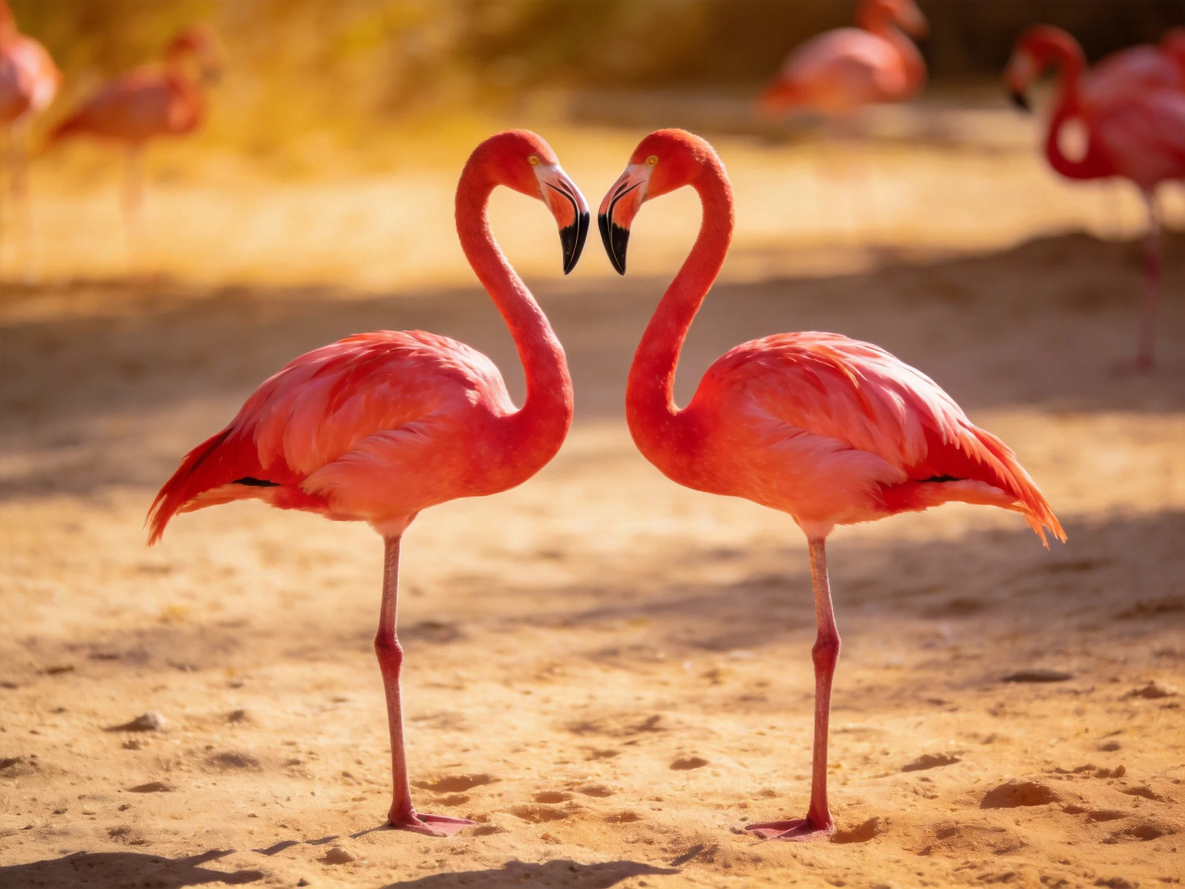 Two bright pink flamingos form a heart shape on sandy ground