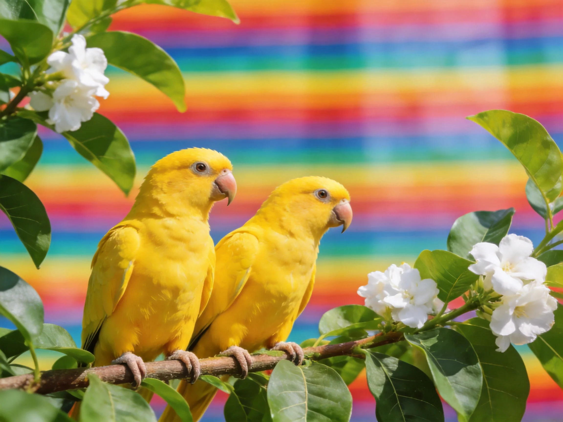 Two bright yellow parrots sit on a branch with white flowers beside a rainbow-striped backdrop