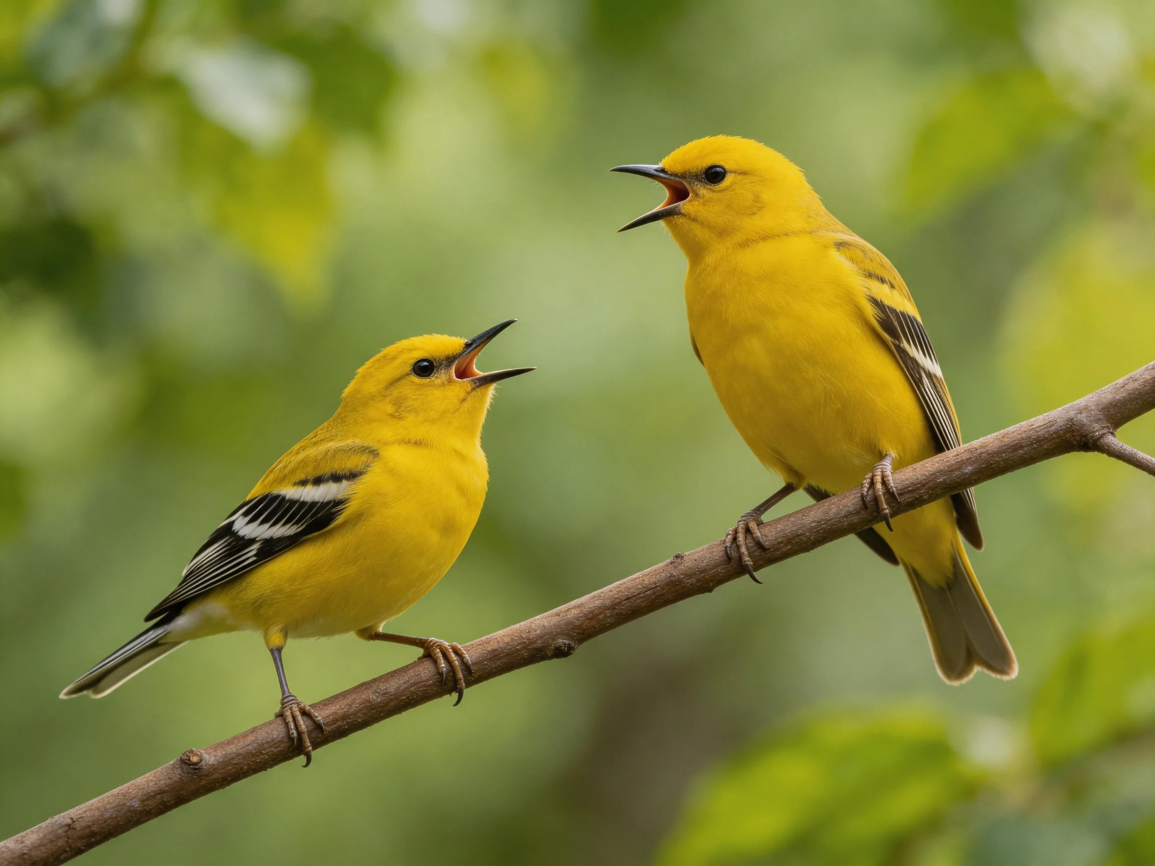 Two bright yellow songbirds interacting on a tree branch