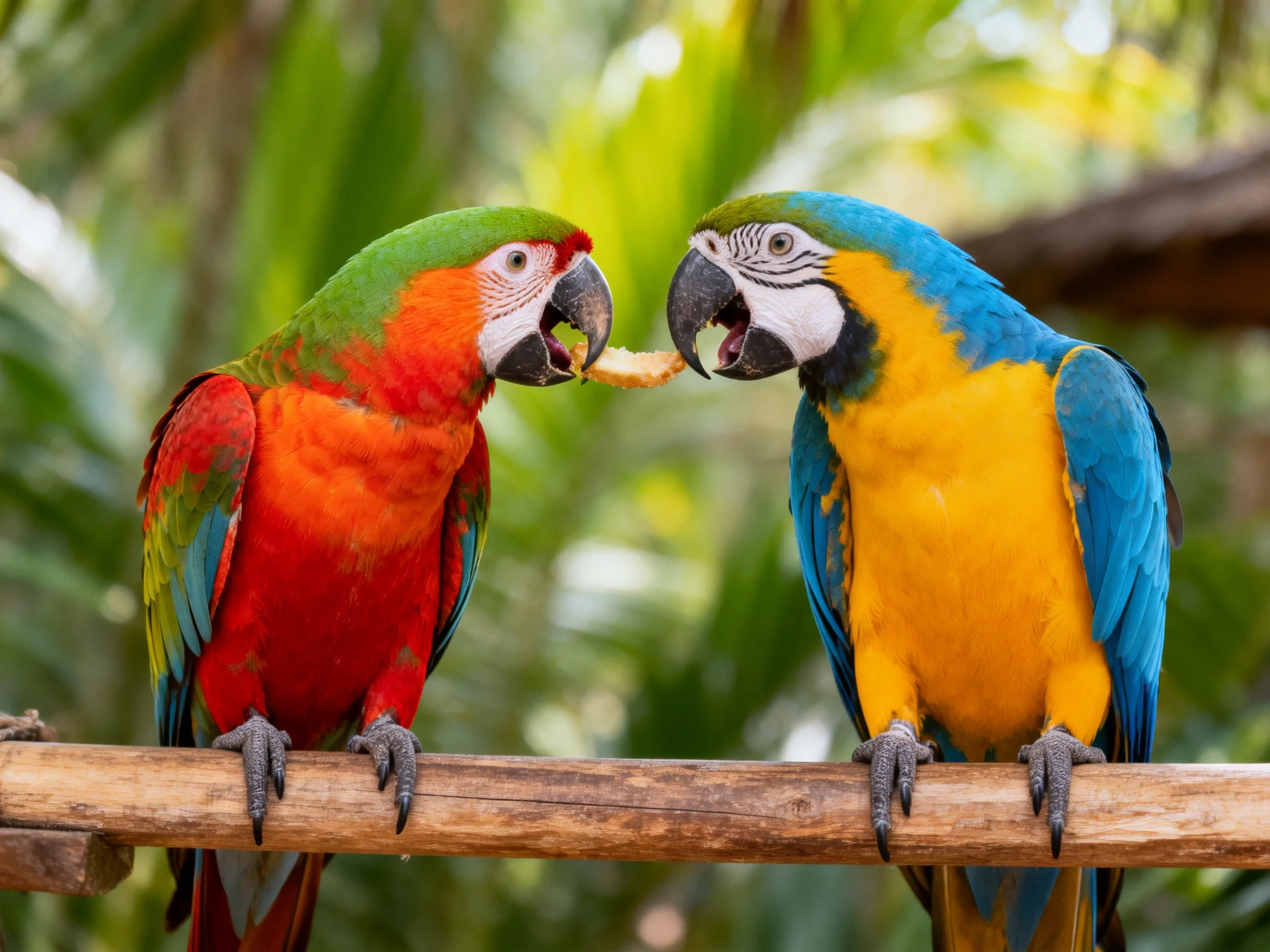 Two brightly colored macaws share food on a wooden perch
