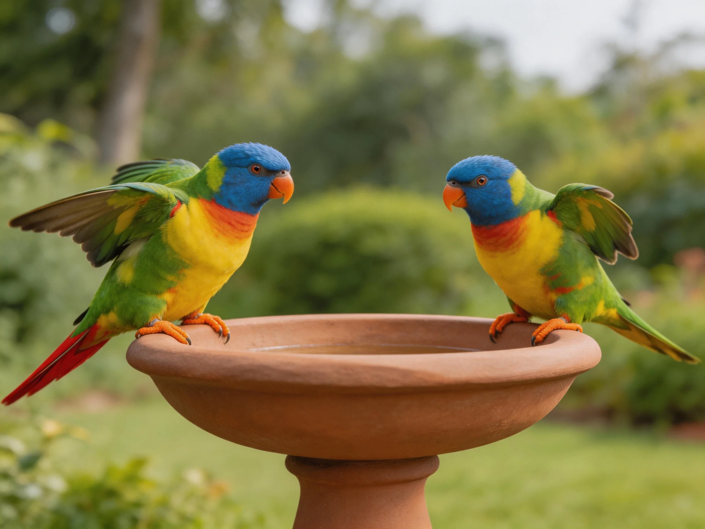 Two brightly colored parrots perch on a terracotta birdbath in a garden