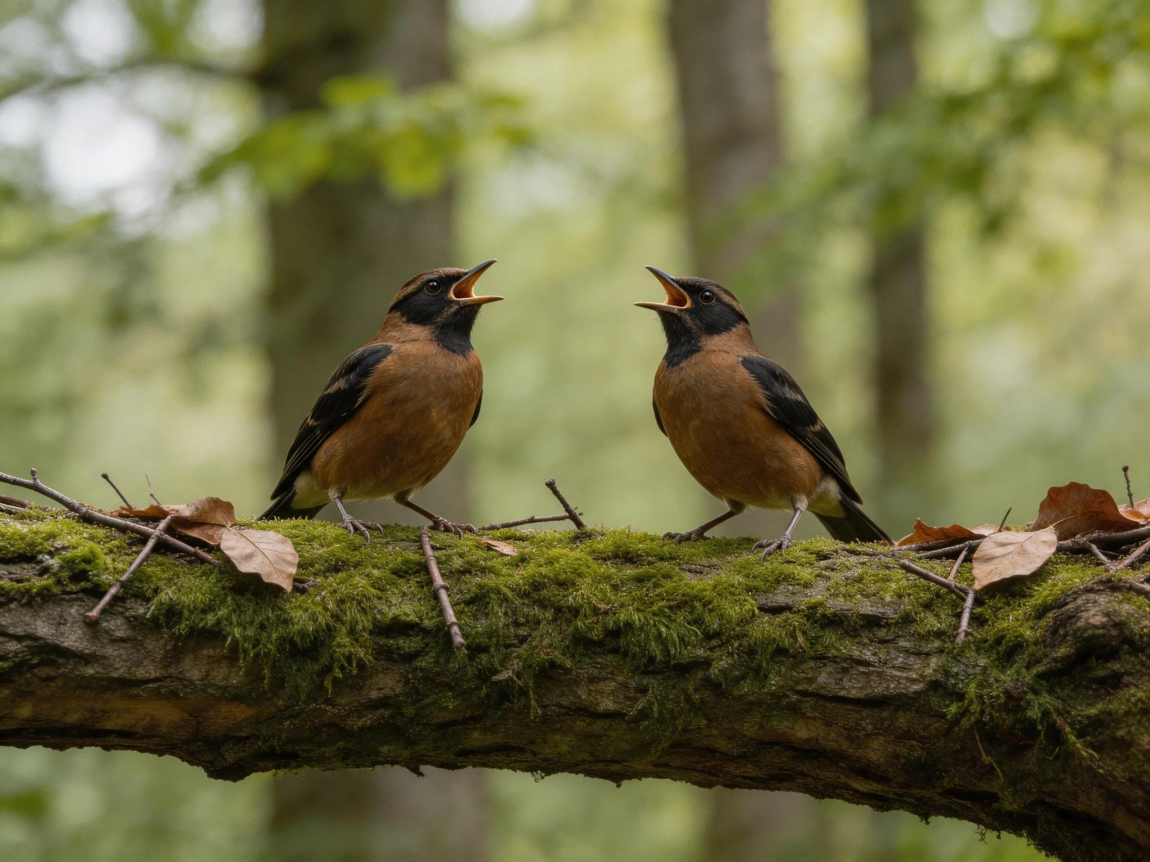Two brown and black songbirds interact on a mossy branch in the forest.