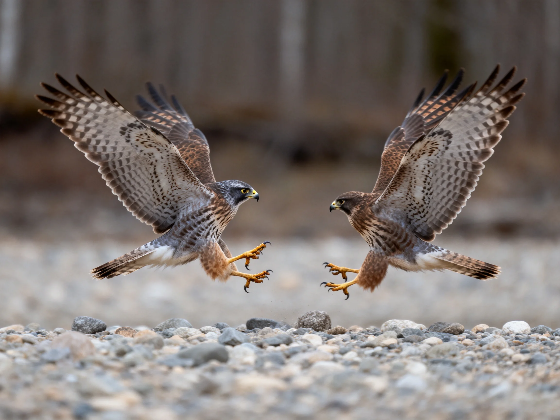 Two brown-and-gray birds face off mid-air over rocky terrain