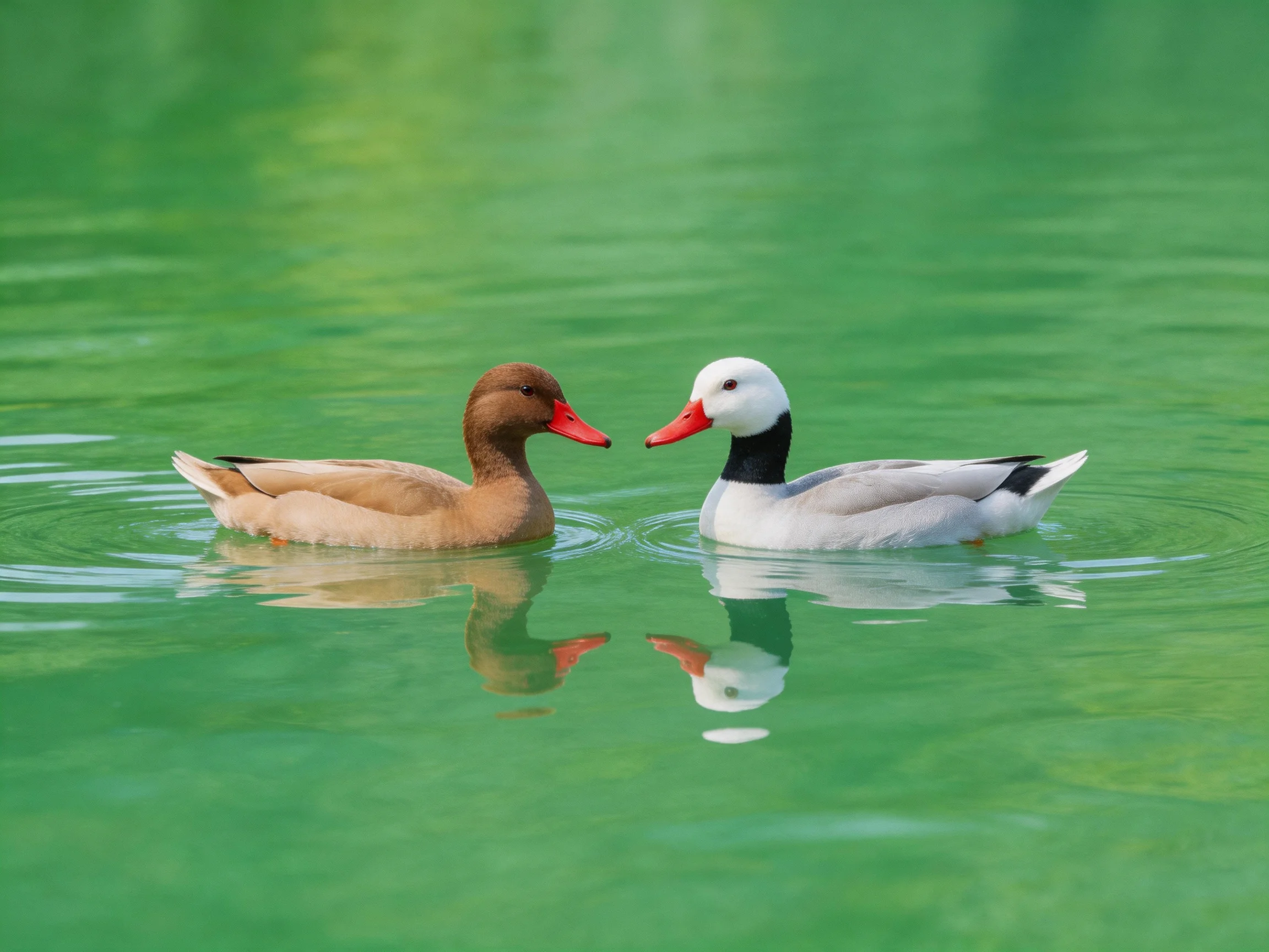 Two brown and white ducks swim in calm green water