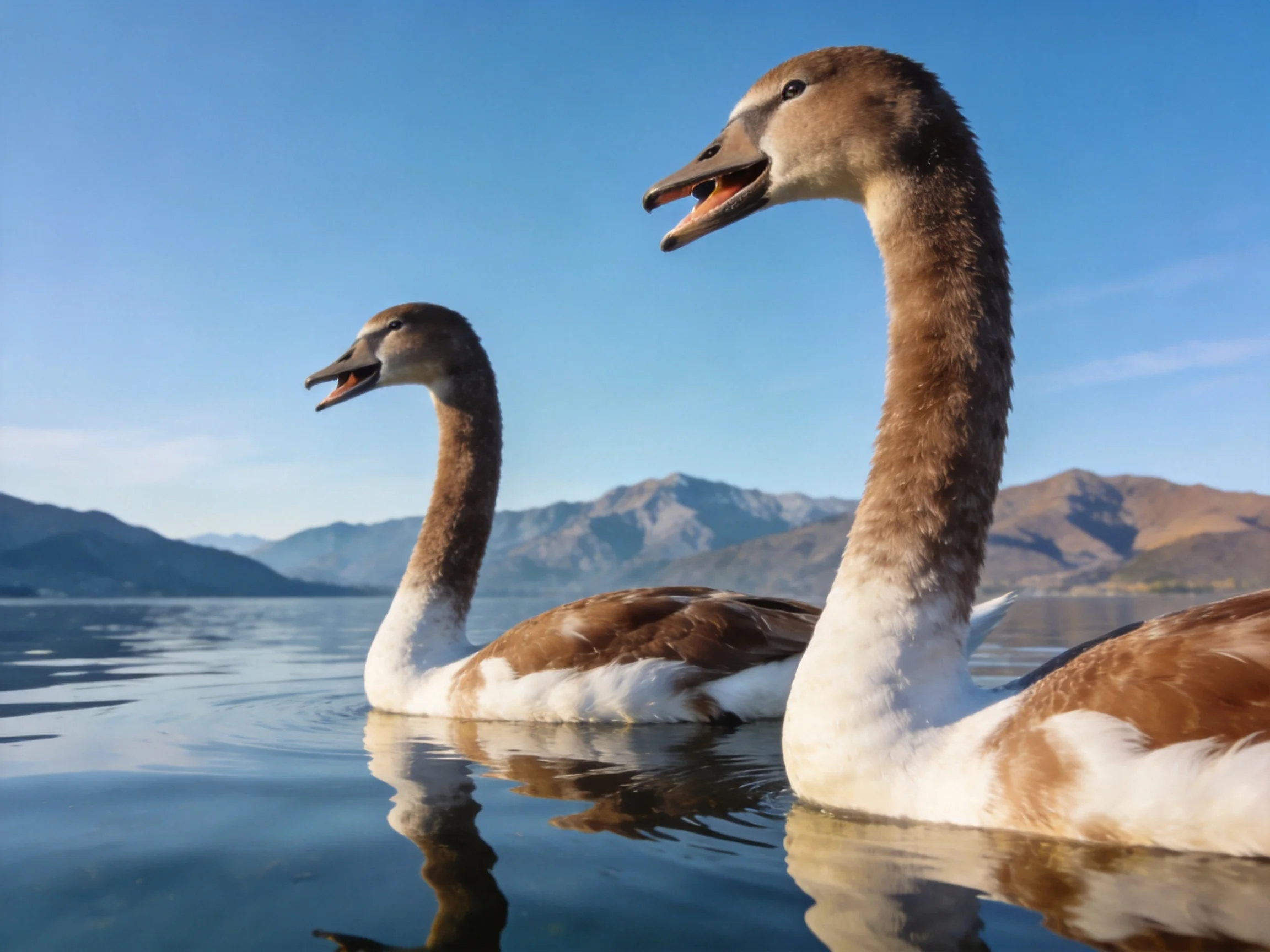 Two brown-and-white juvenile swans glide on calm water near mountains