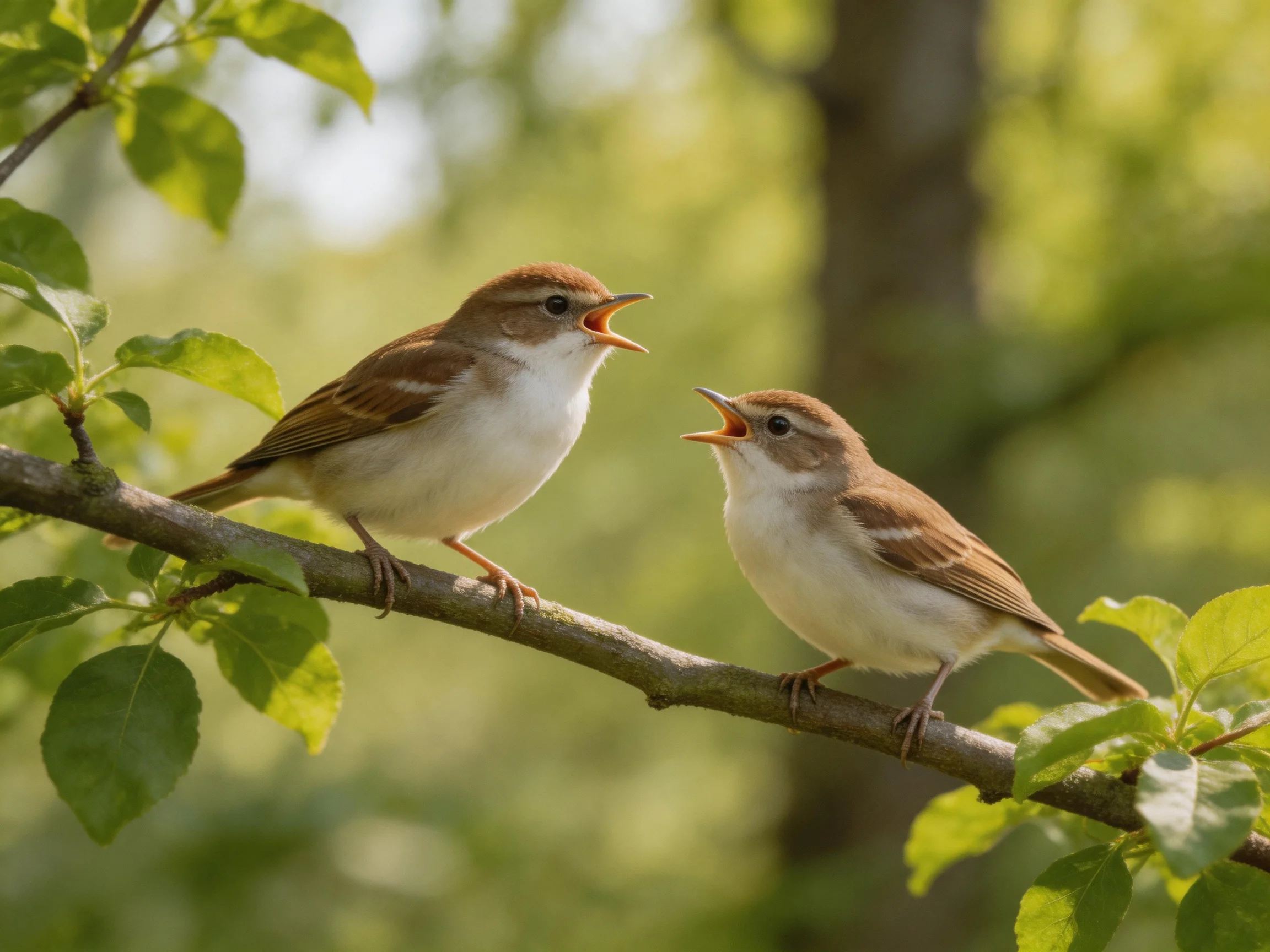 Two brown and white songbirds interacting on a leafy branch