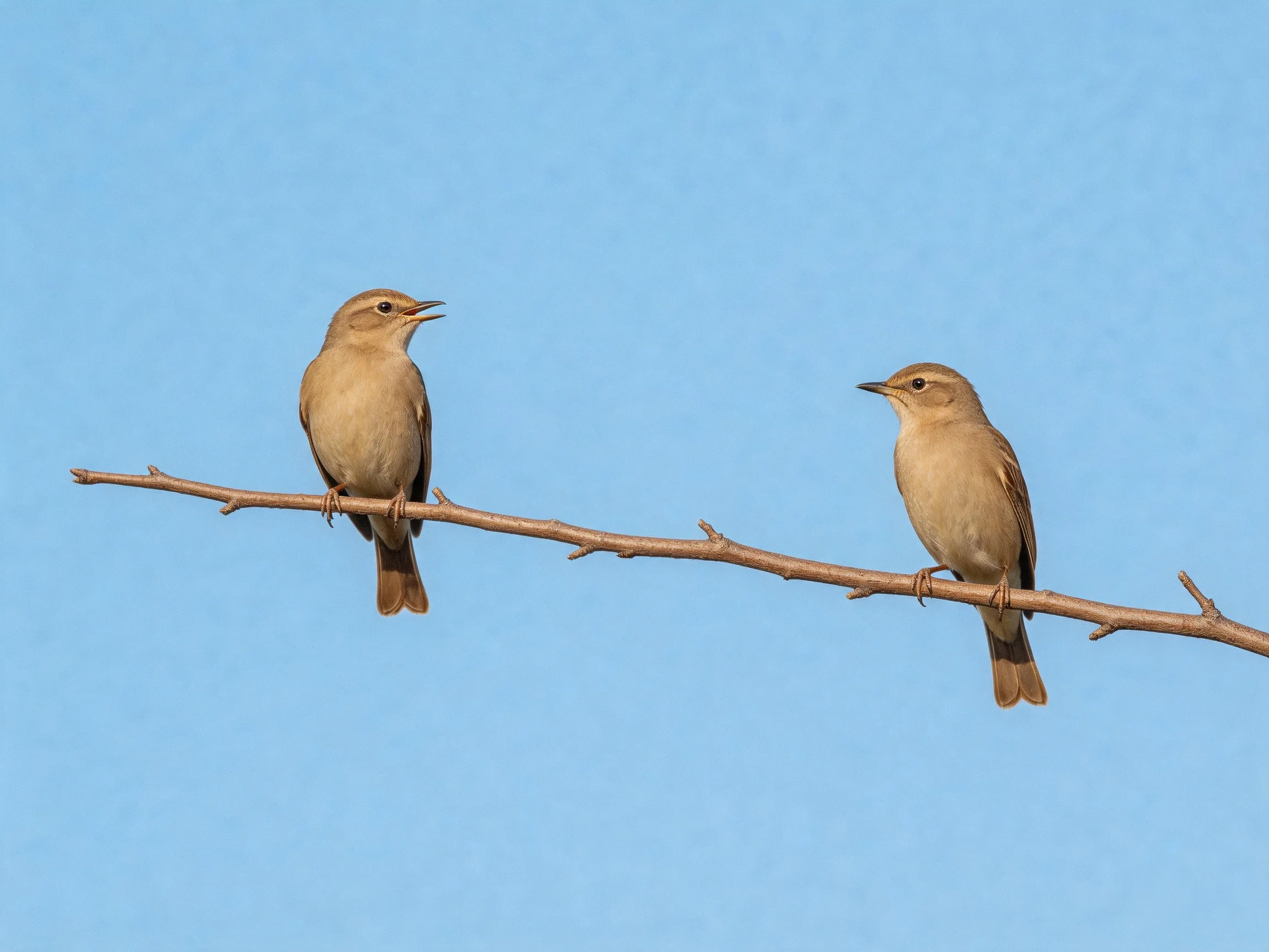Two brown birds perch on a slender branch under clear blue sky