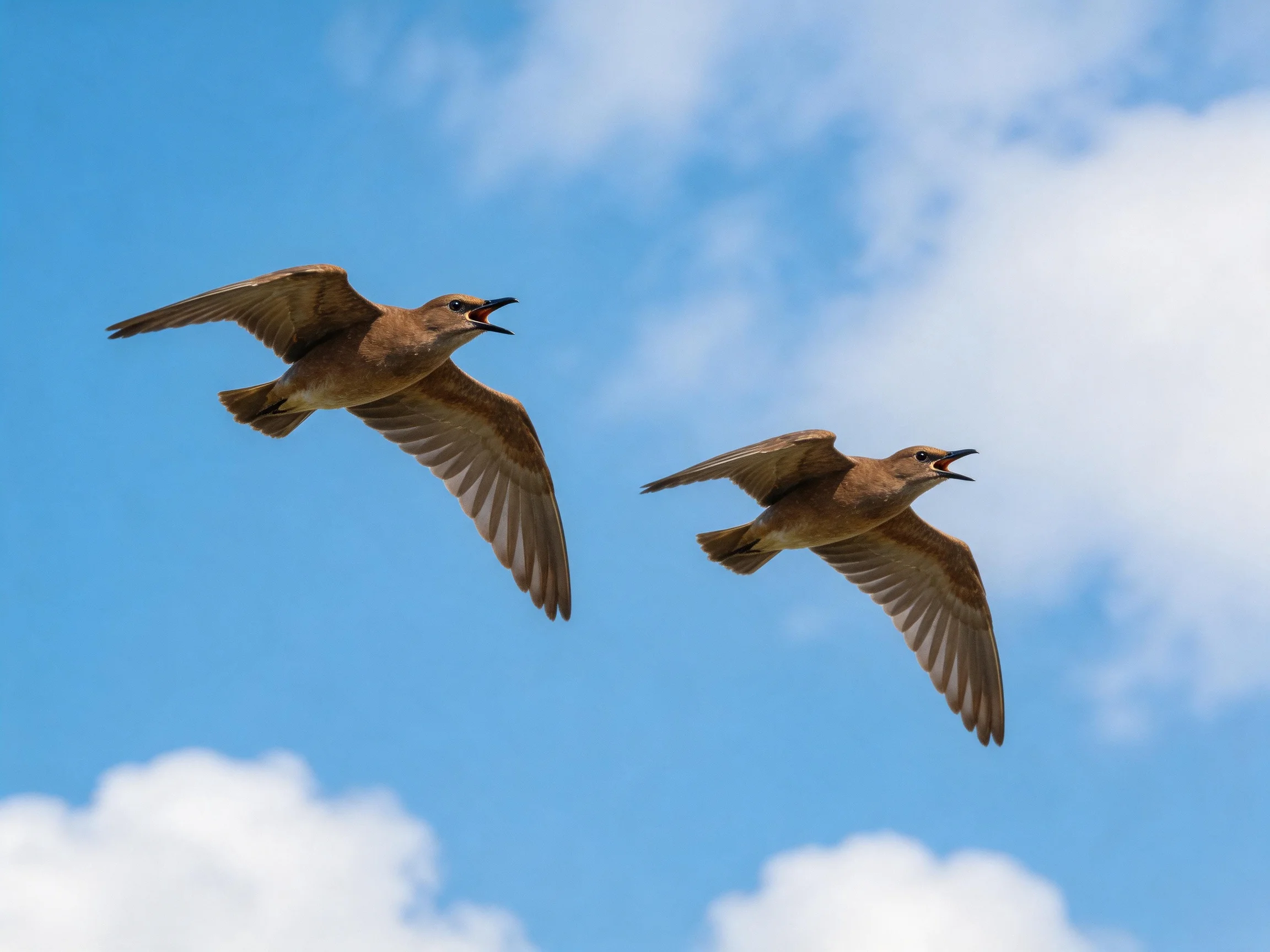 Two brown birds soar through a bright blue sky with scattered clouds