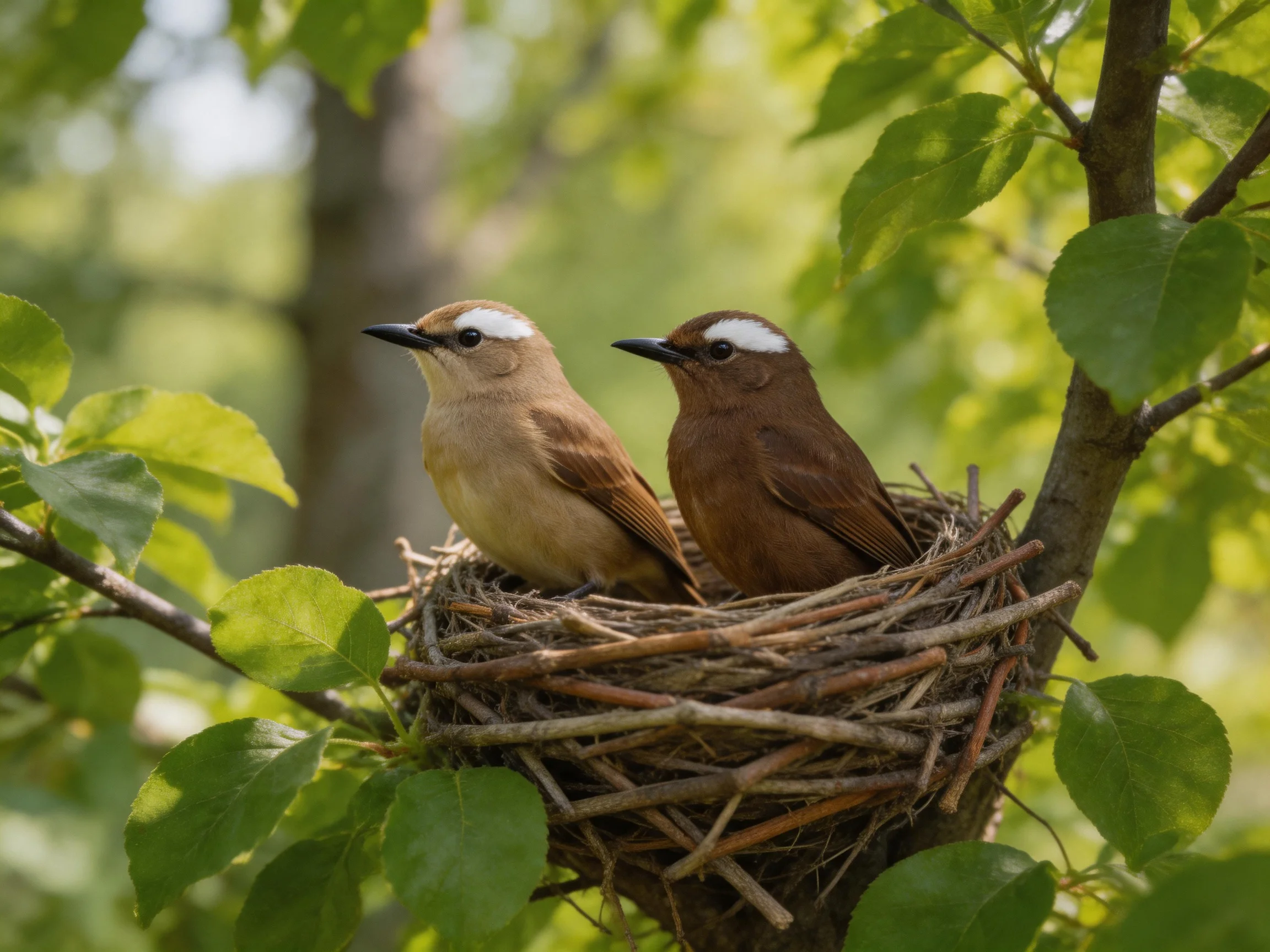 Two brown birds with white head stripes sit in a twig nest amid green leaves