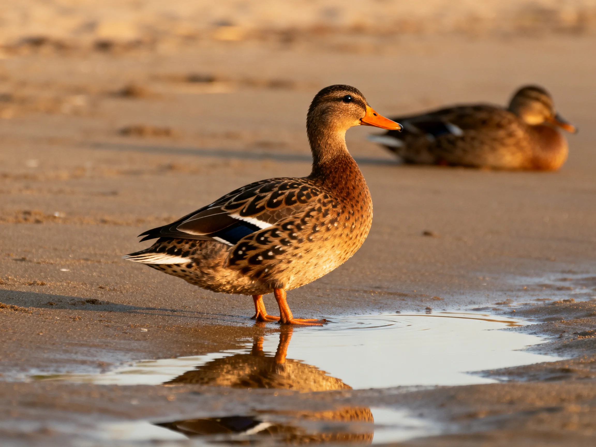 Two brown ducks on a sandy shoreline with water reflections
