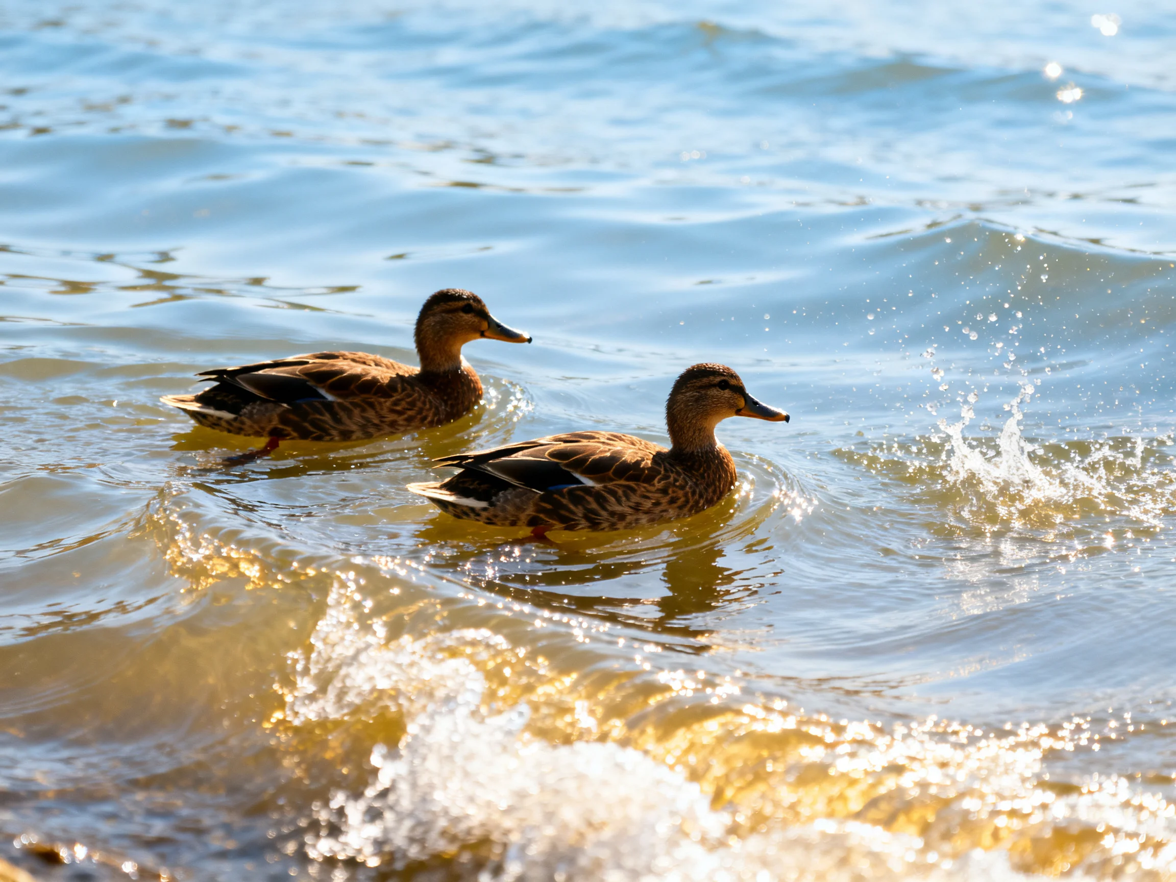 Two brown ducks swim in rippling blue-green water