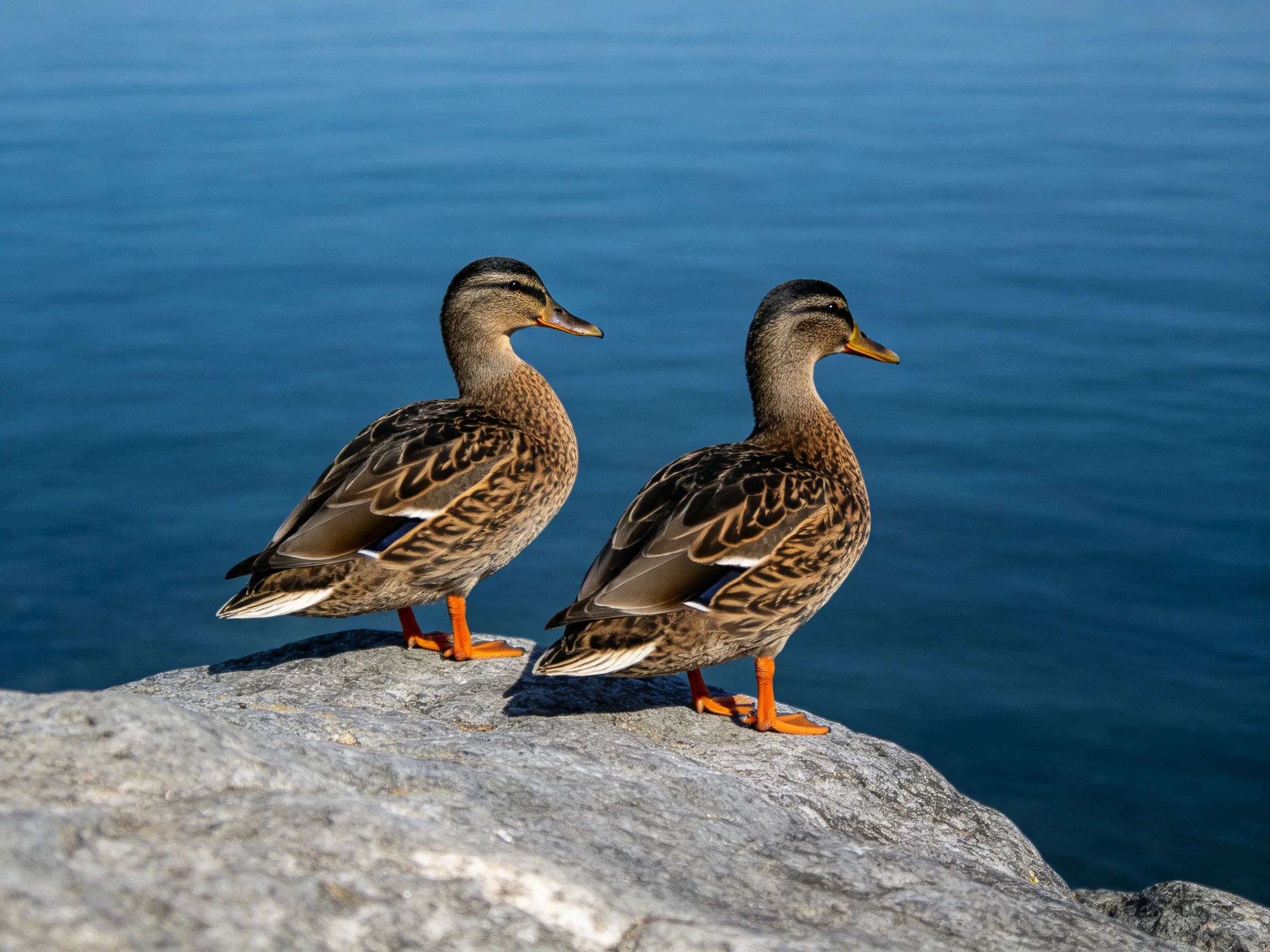Two brown ducks with orange feet stand on a gray rock near blue water
