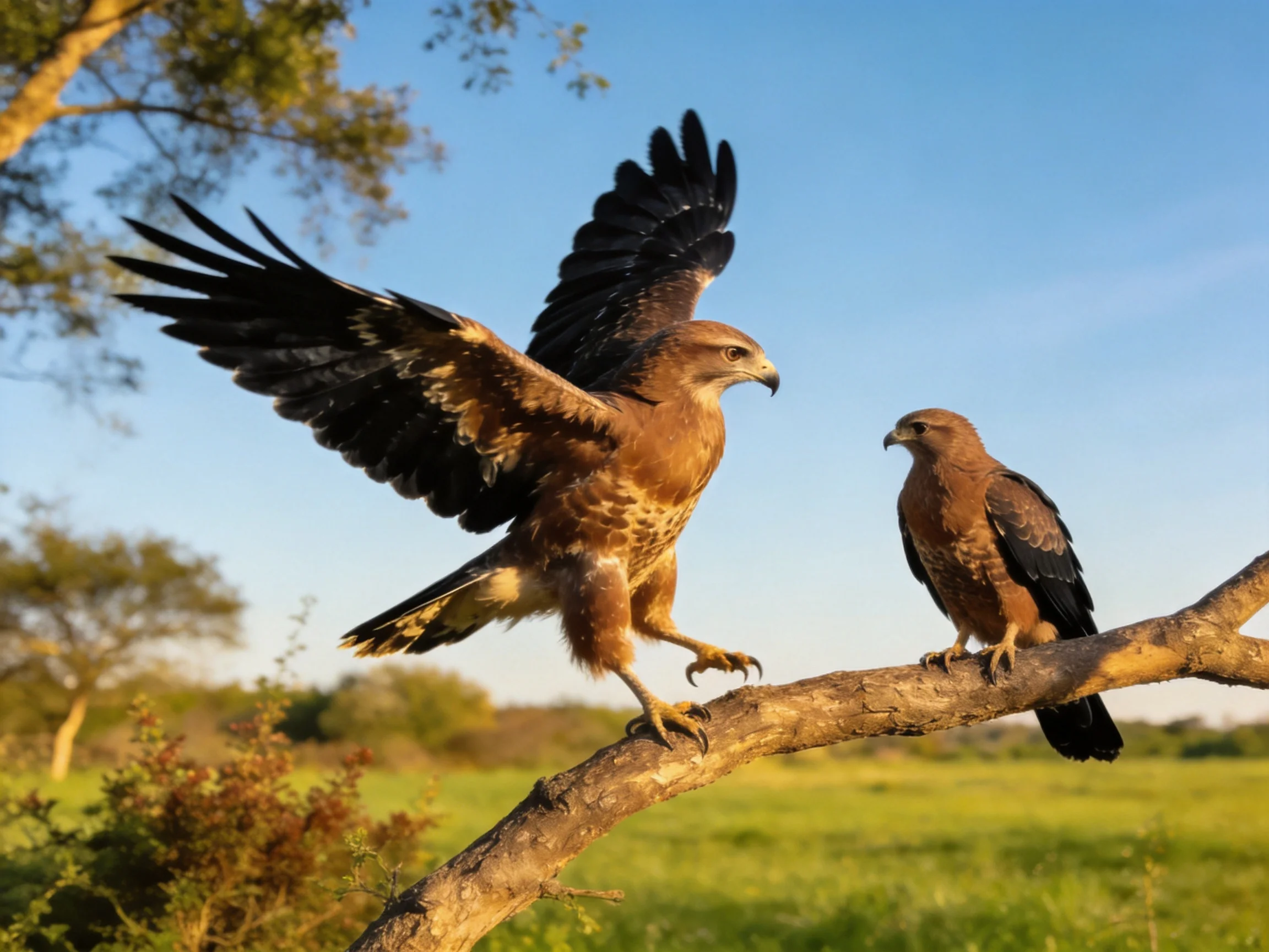 Two brown hawks, one landing, one perched, on a gnarled branch.