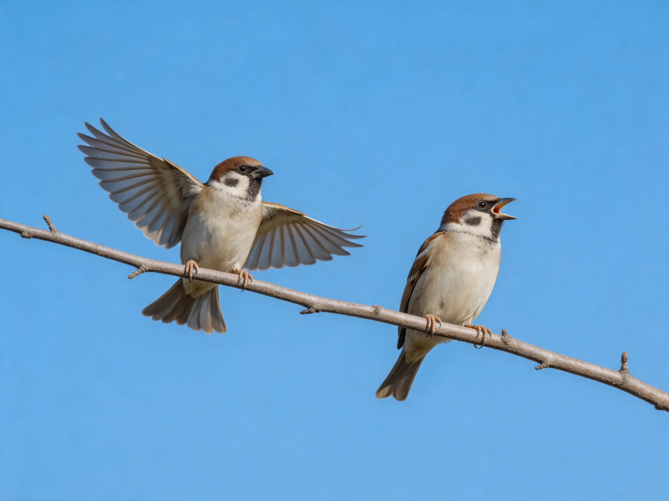 Two brown-headed sparrows perch on a thin branch amid clear blue sky