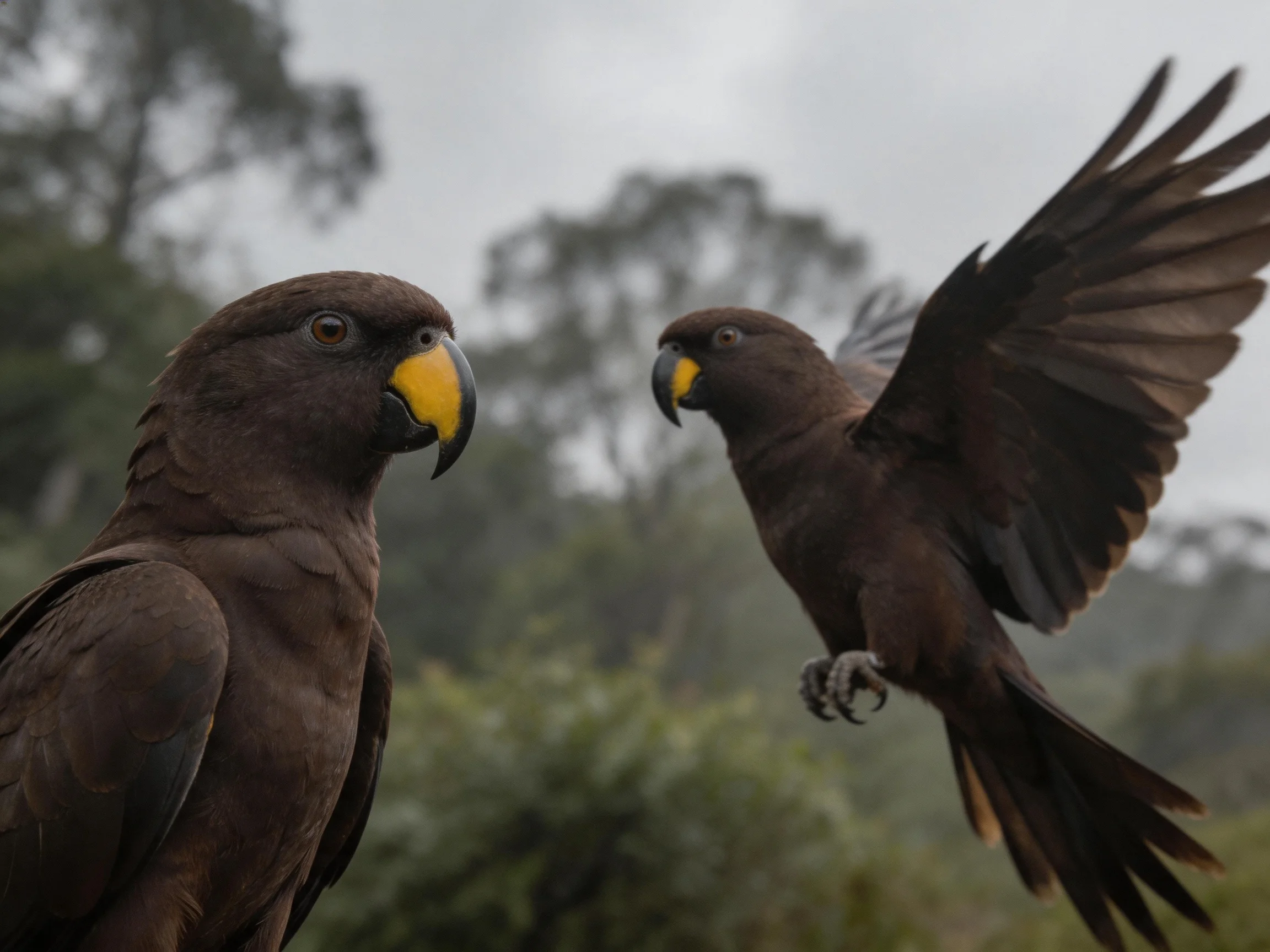 Two brown parrots with yellow beaks, one perched, one flying, amid trees