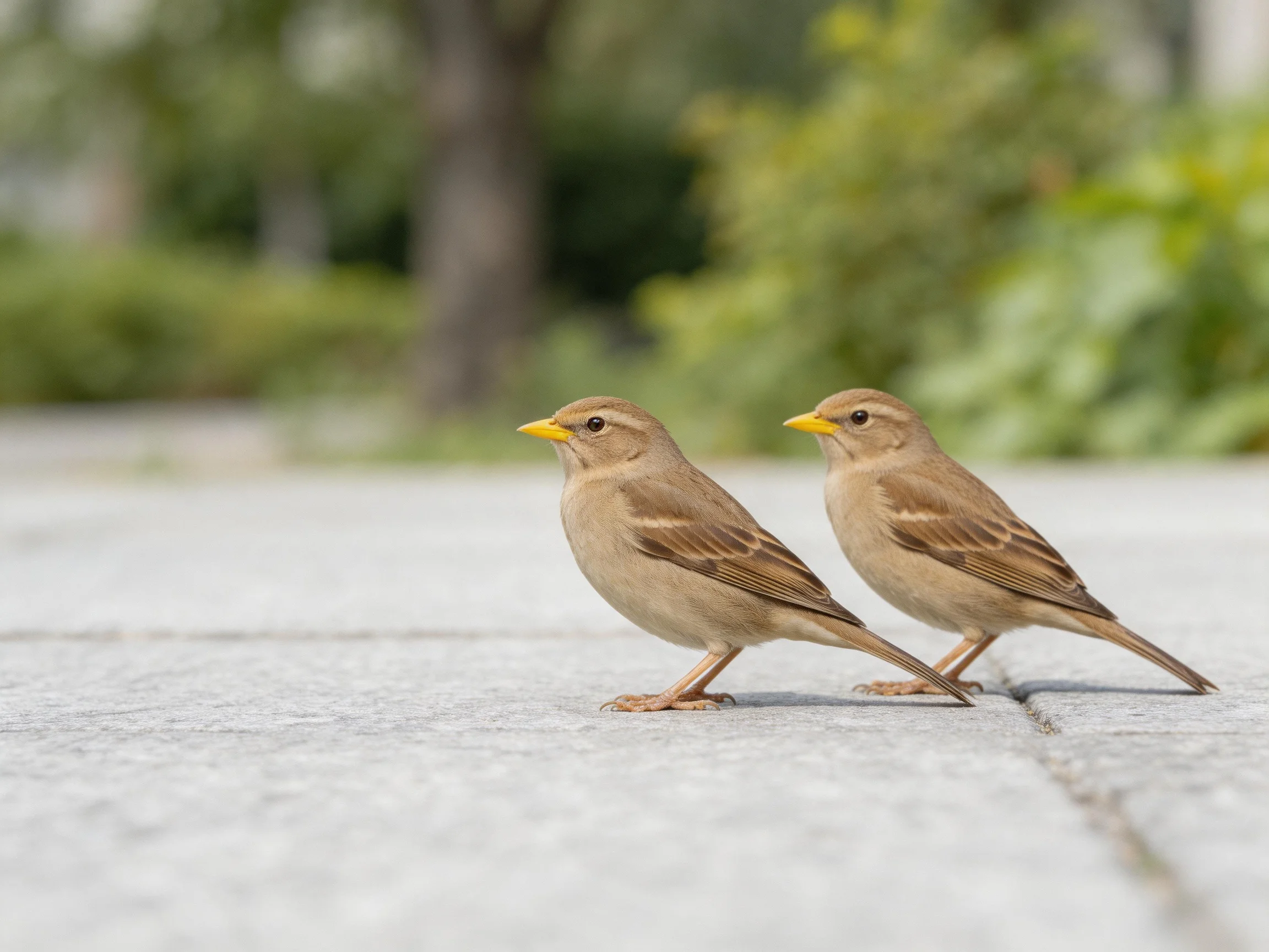 Two brown sparrows with yellow beaks on a paved surface