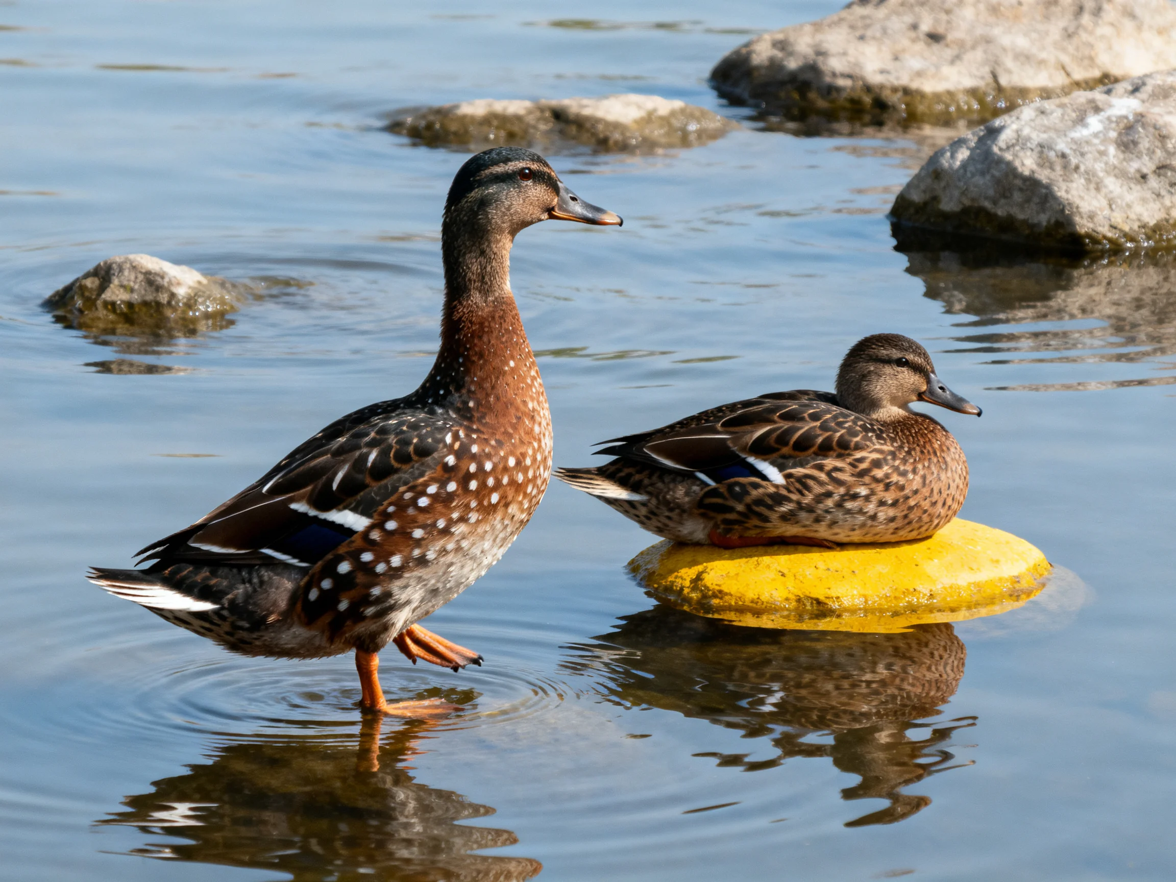 Two brown-spotted ducks near rocks and a bright yellow floating object