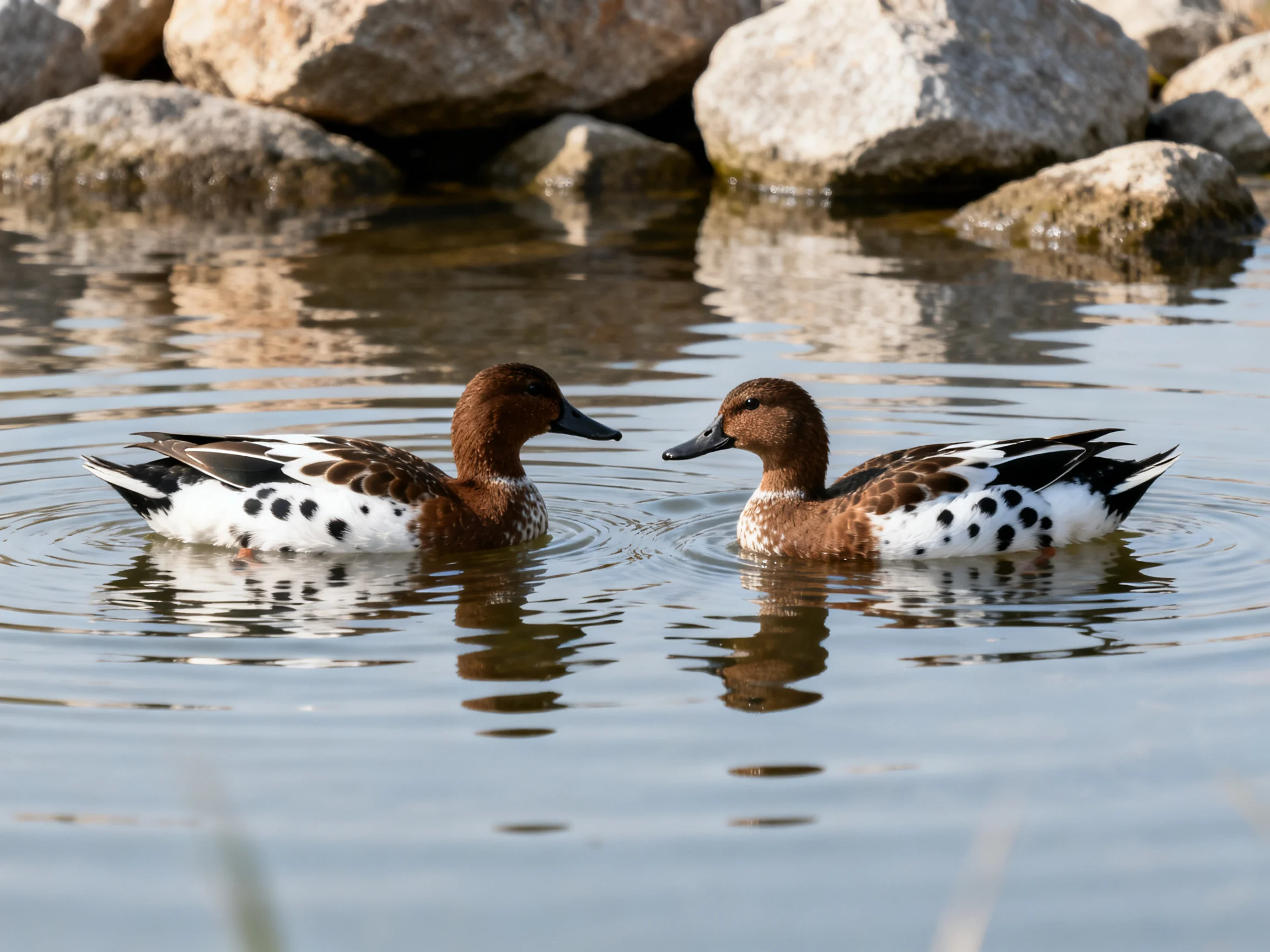 Two brown-spotted ducks swim in calm water near large rocks