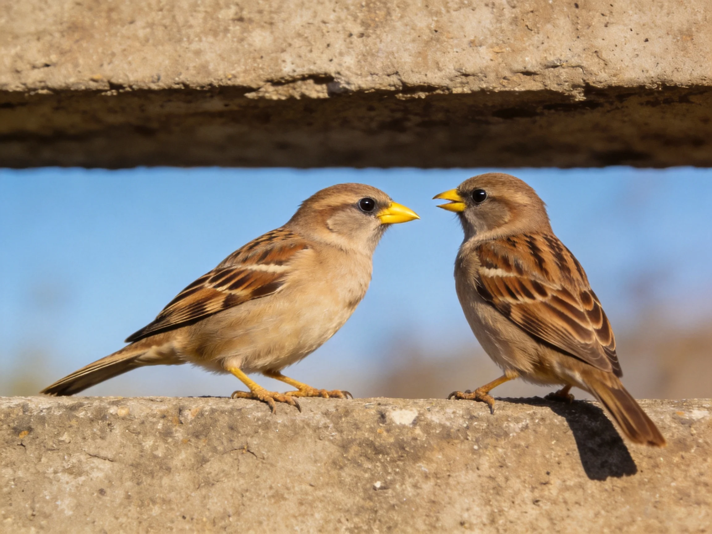 Two brown-spotted sparrows interact near weathered concrete structures