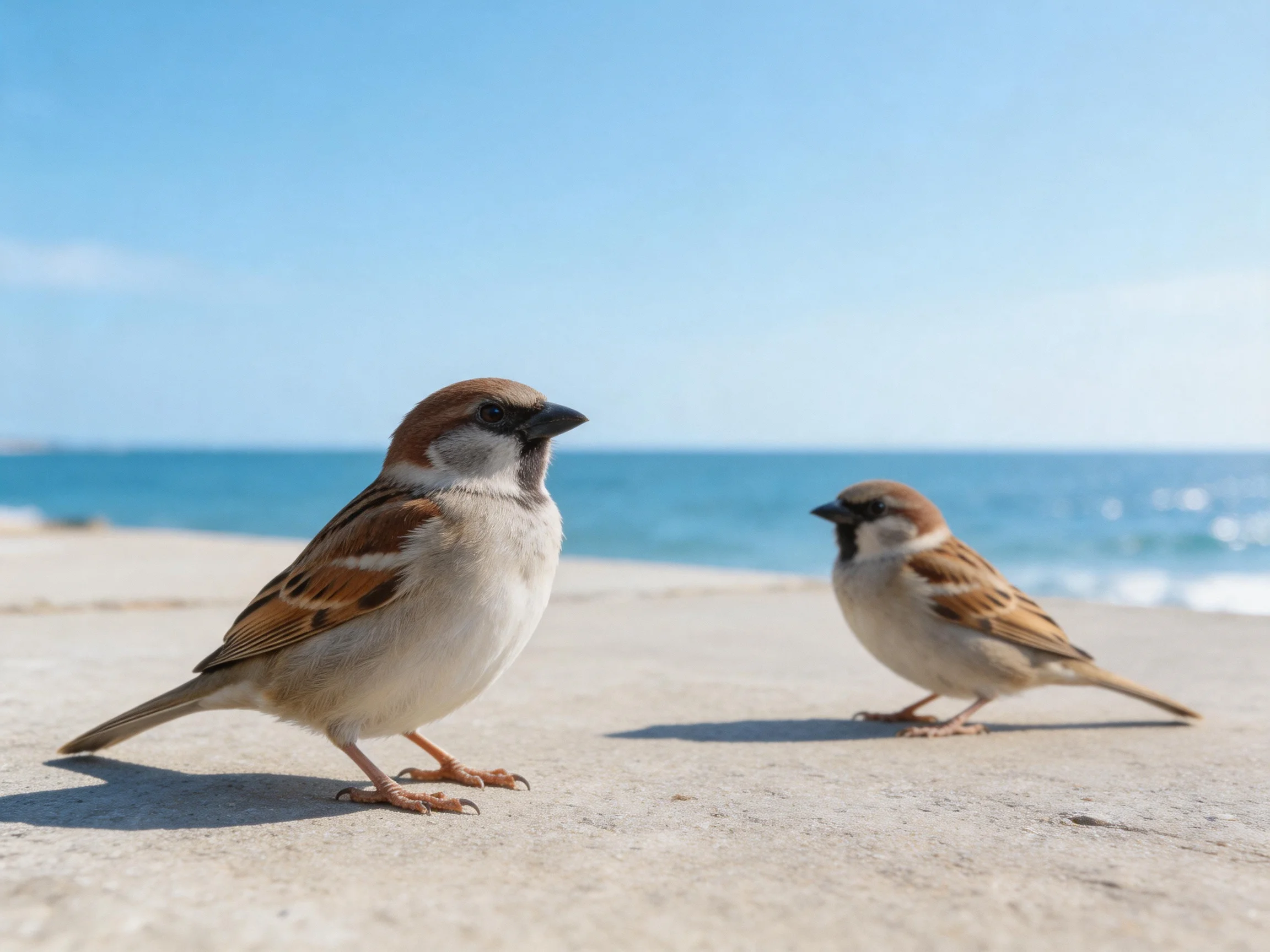 Two brown-spotted sparrows stand on a concrete shore beside calm blue waters