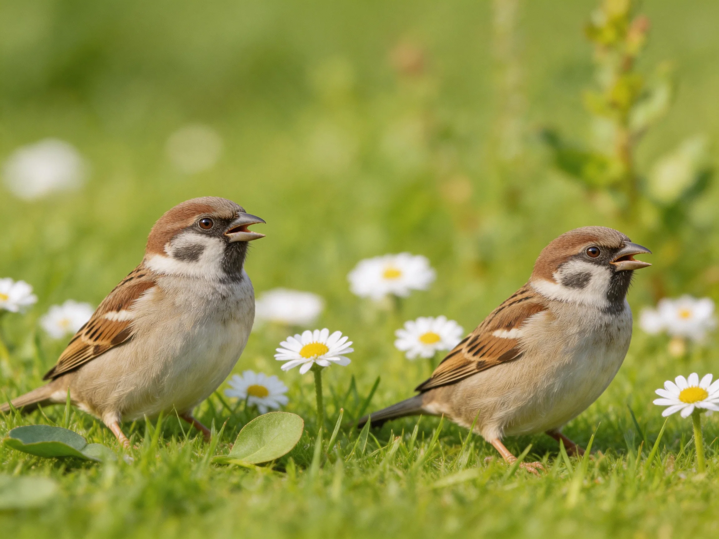 Two brown-spotted sparrows walk among white daisies in sunny grass