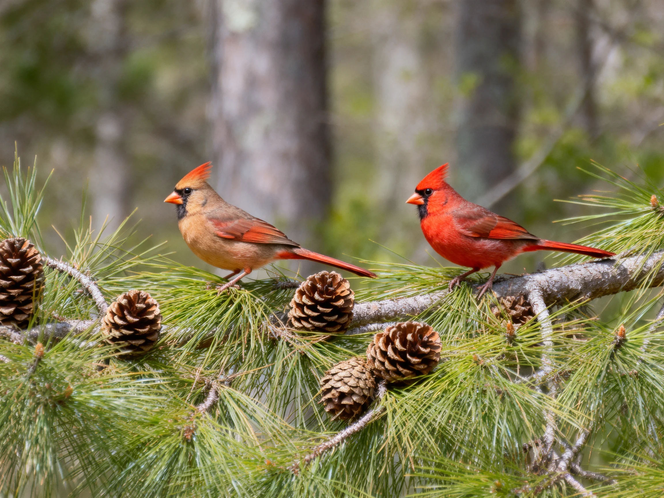 Two cardinals rest on a pine branch with multiple pinecones