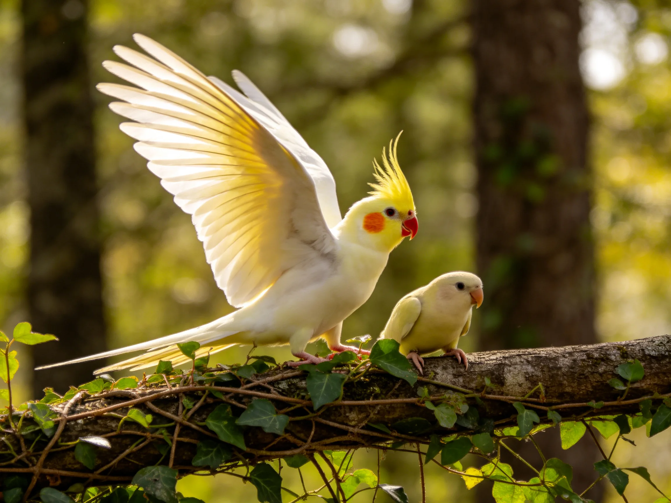 Two cockatiels, one spreading wings, perch on an ivy-covered branch.