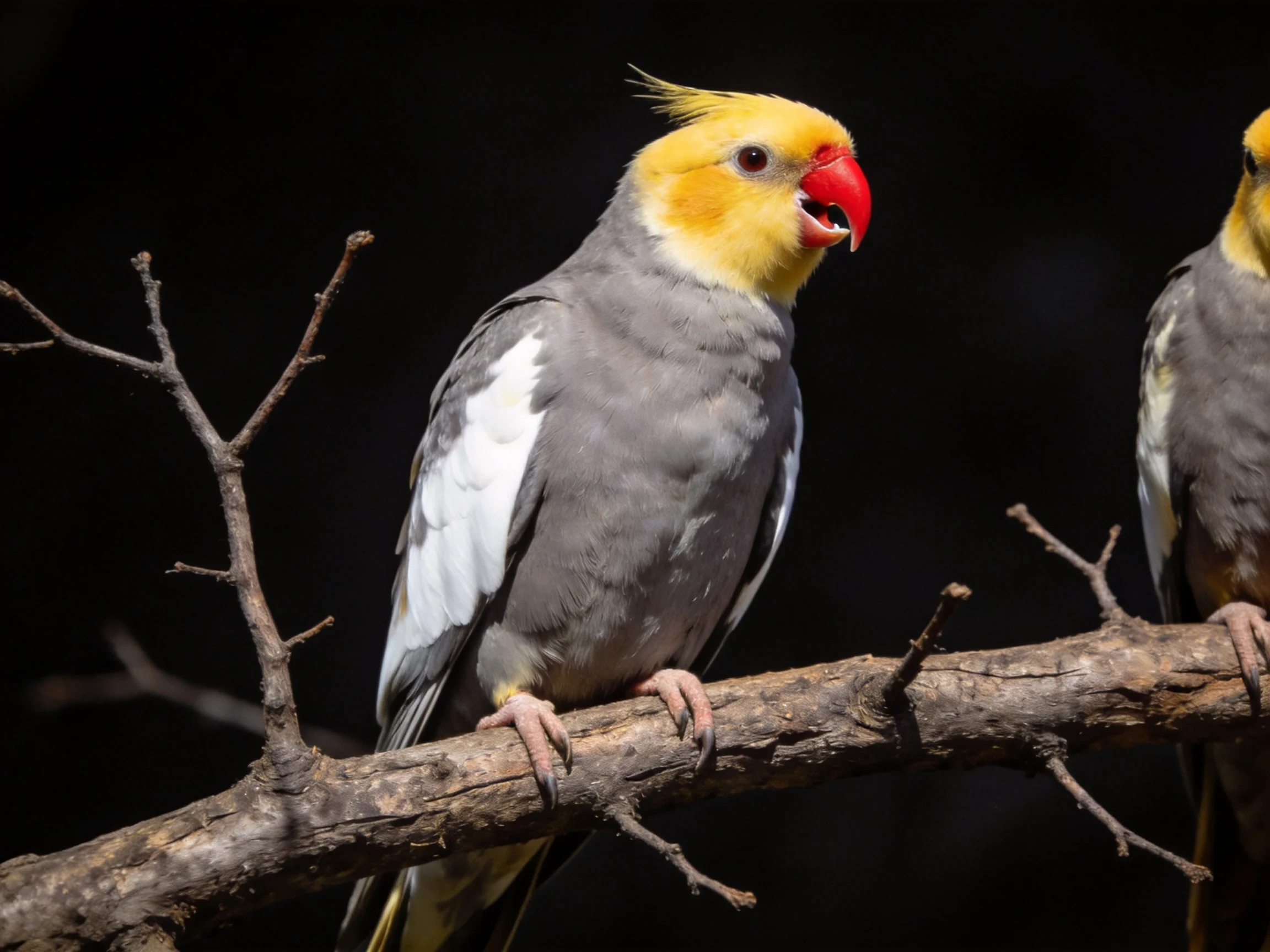 Two cockatiels with yellow, gray, and red plumage perch on a gnarled branch