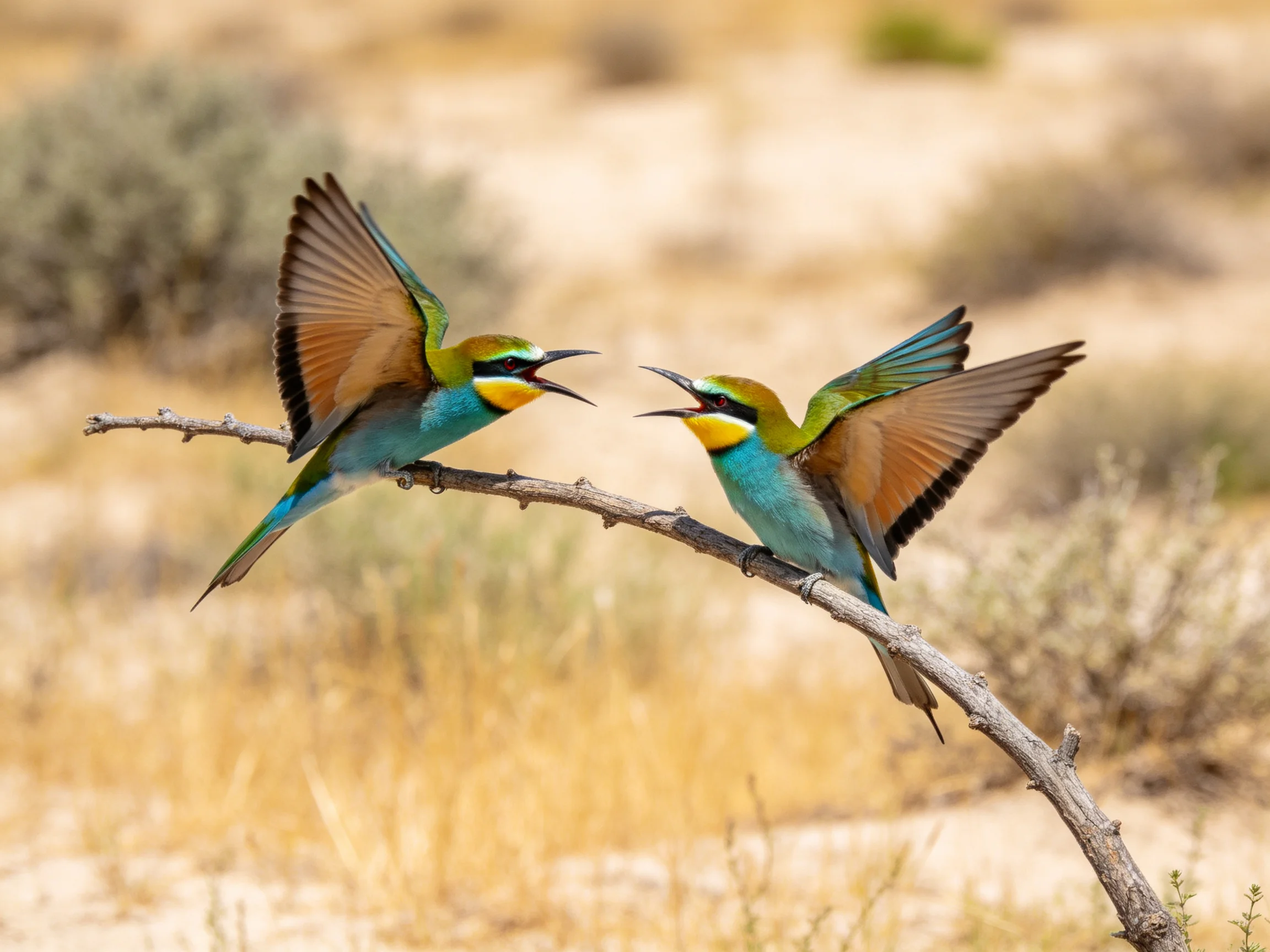 Two colorful bee-eaters interact on a curved branch