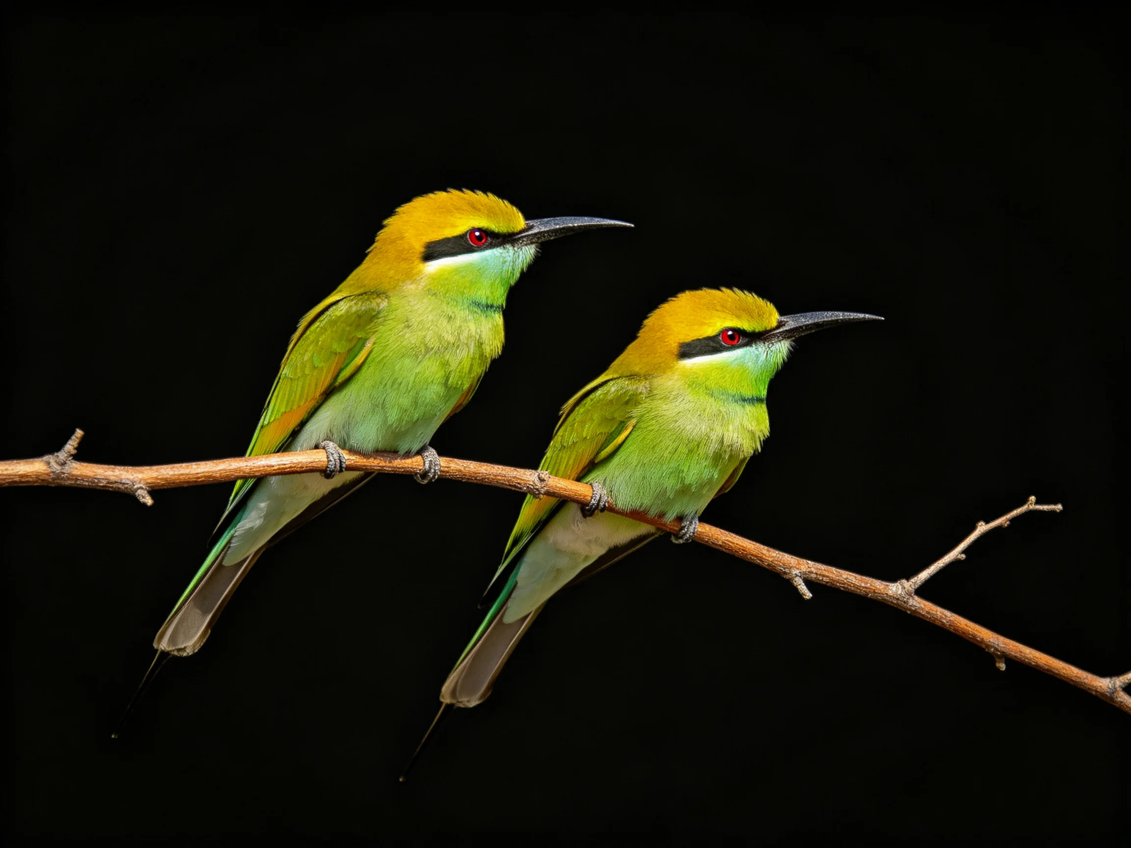 Two colorful bee-eaters perch side by side on a bare branch