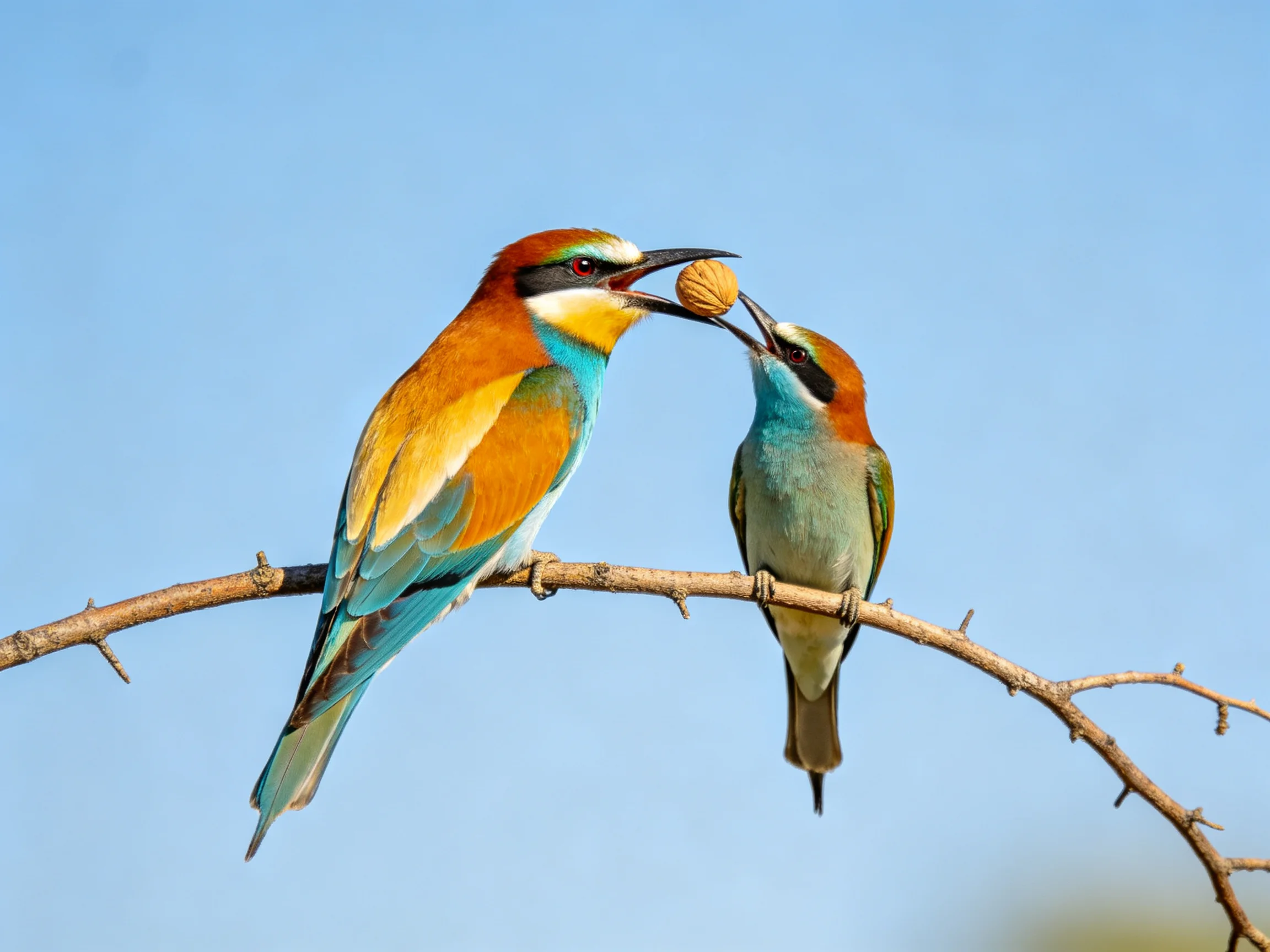 Two colorful bee-eaters sharing a nut on a thorny branch