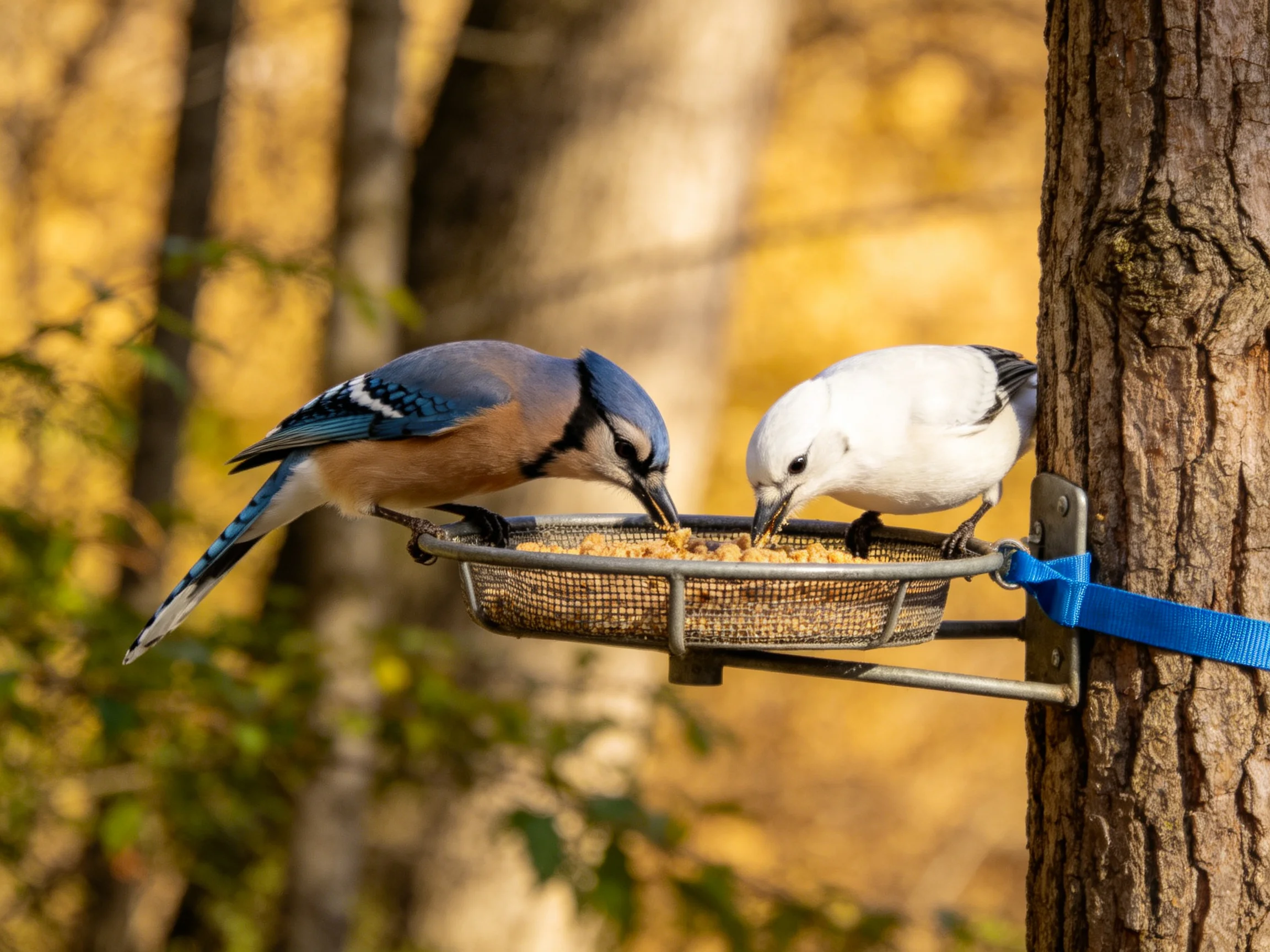 Two colorful birds feed from a wire feeder attached to a tree