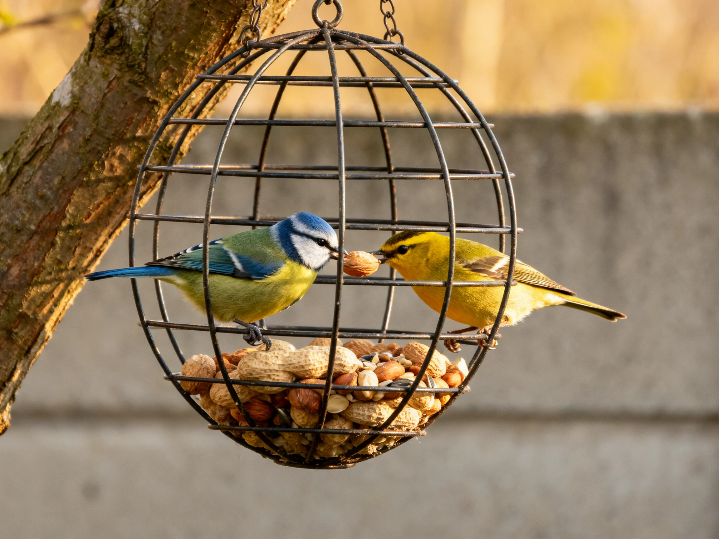 Two colorful birds interact at a spherical metal bird feeder