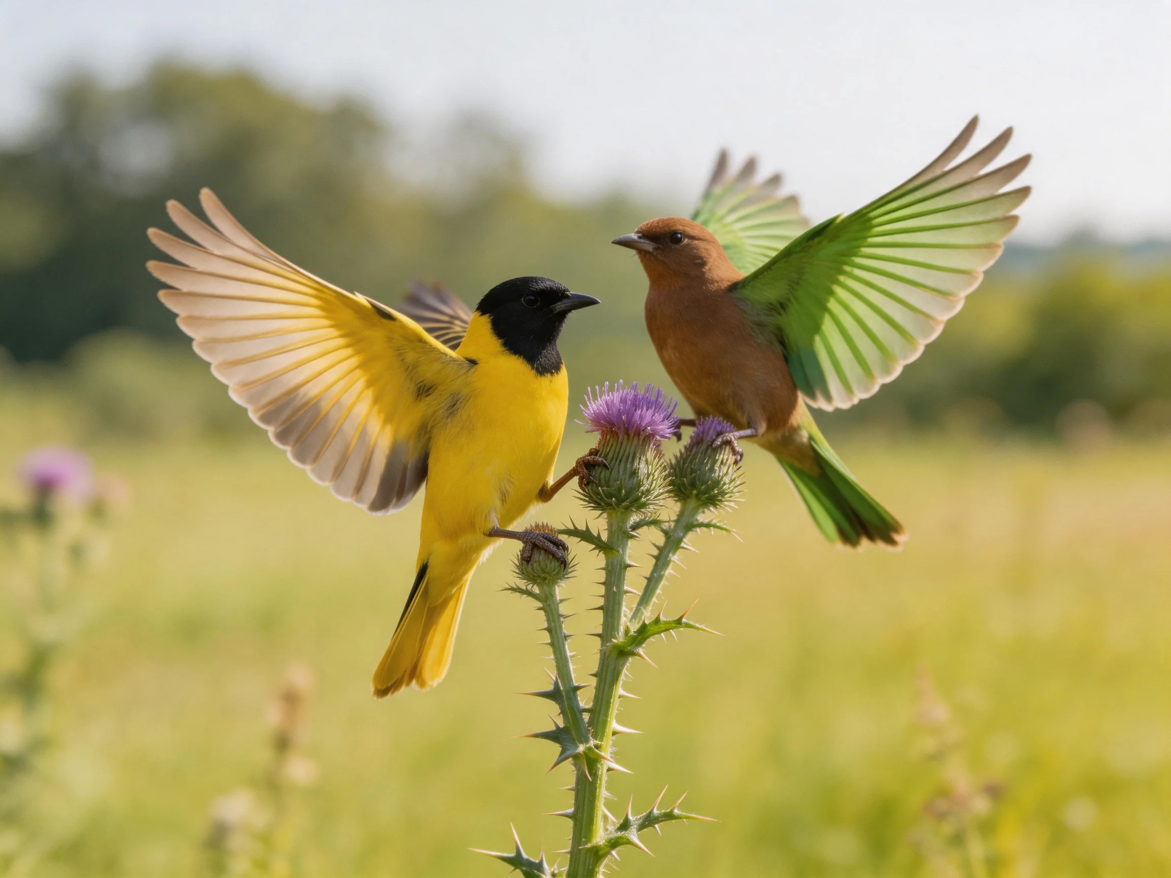 Two colorful birds interact near a purple thistle bloom