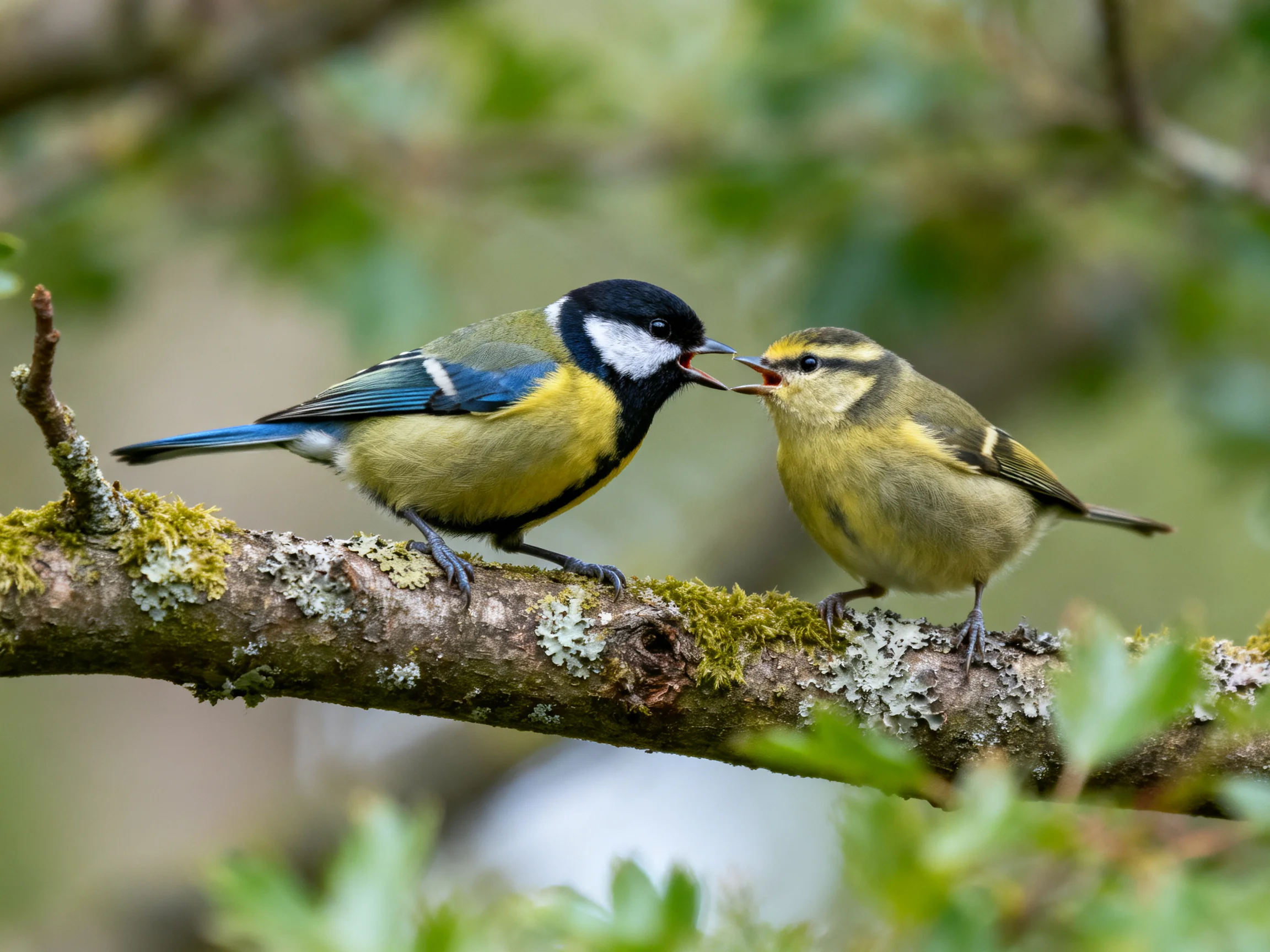 Two colorful birds interact on a mossy tree branch