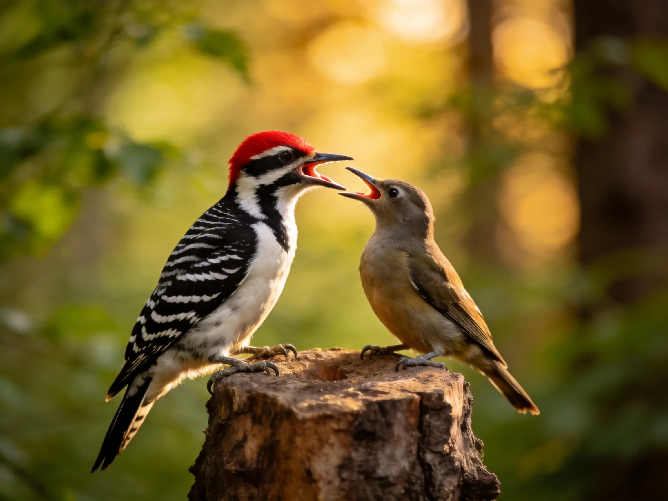 Two colorful birds interact on a weathered tree stump