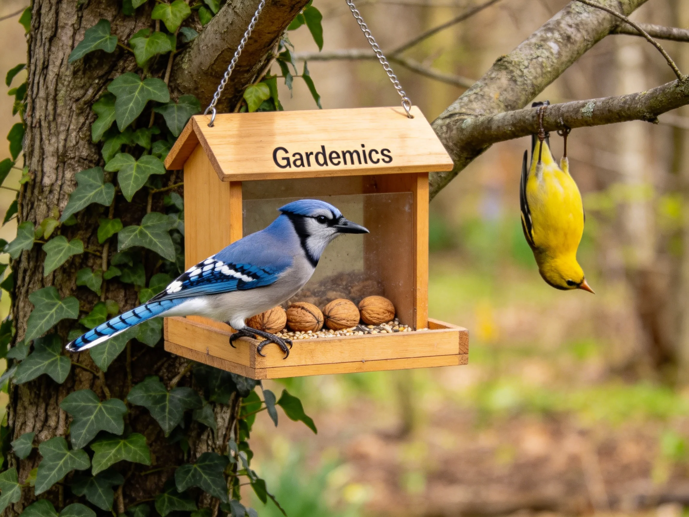 Two colorful birds interact with a wooden Gardemics feeder with nuts