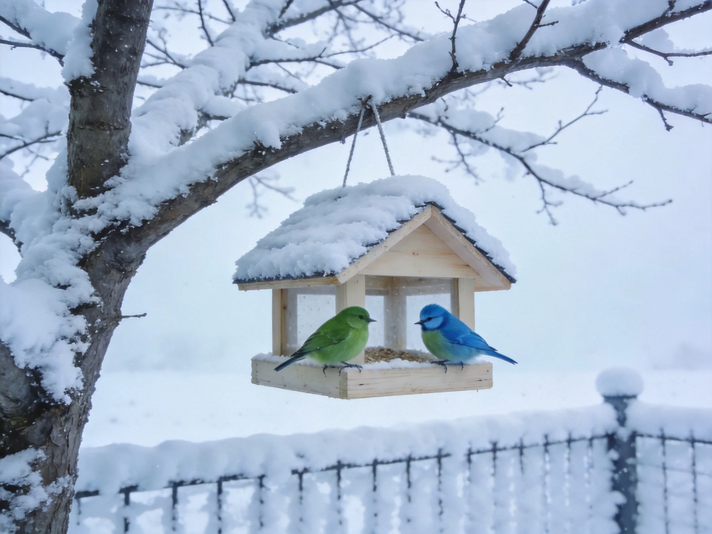 Two colorful birds perch at a snow-laden wooden feeder