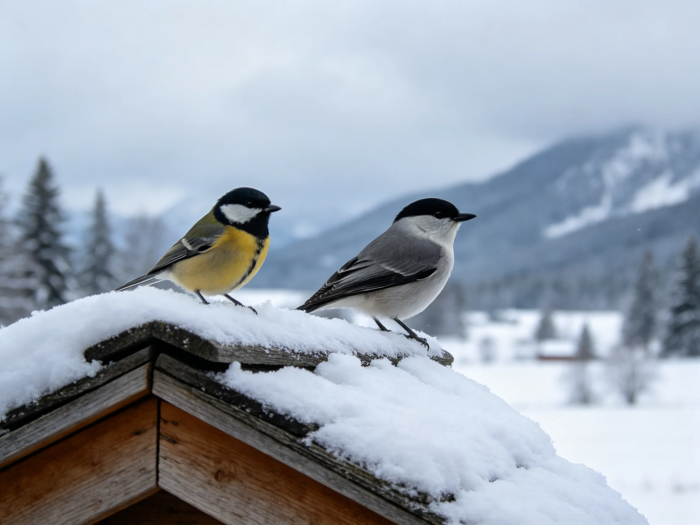 Two colorful birds perched on a snow-capped wooden roof