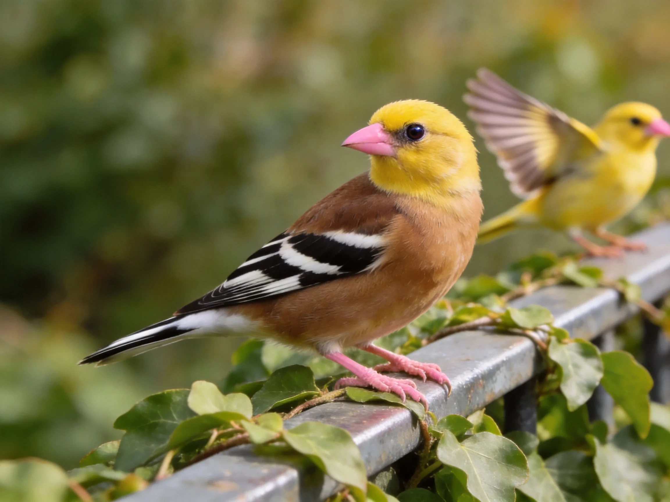 Two colorful birds with yellow heads perch on a vine-covered railing