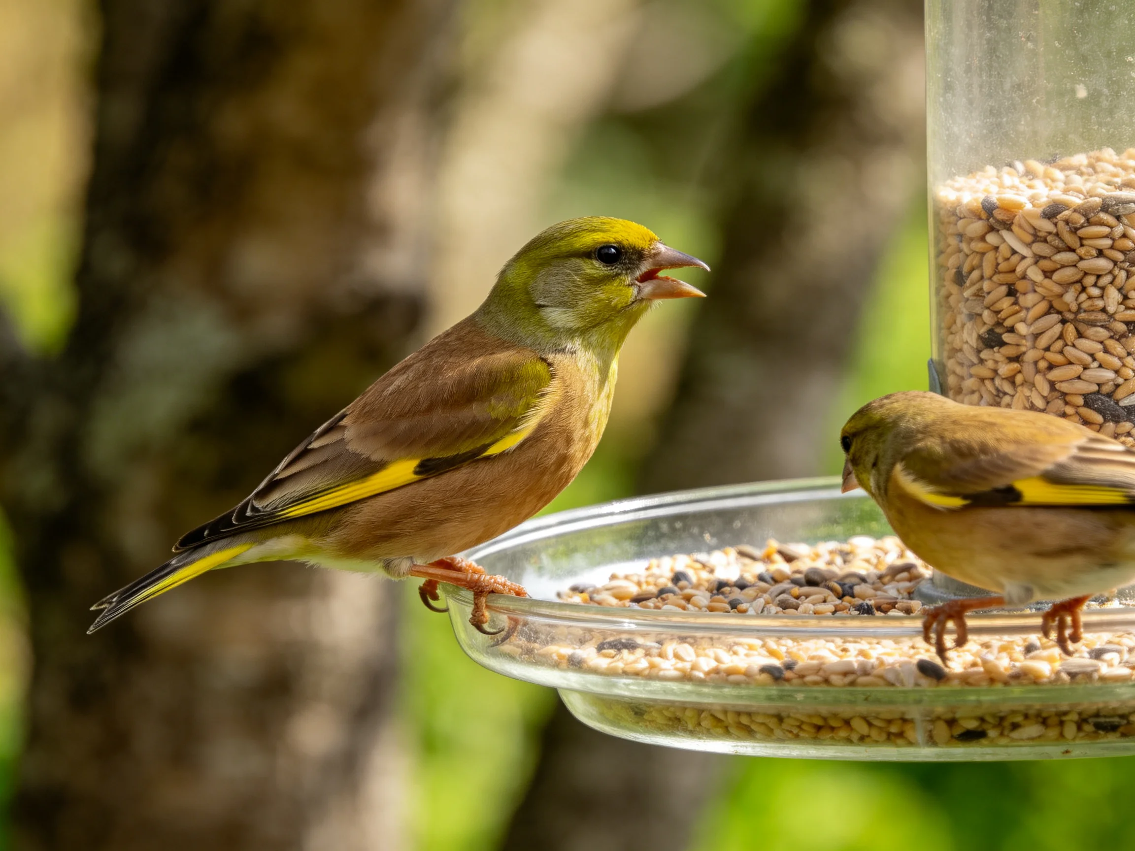 Two colorful finches gather at a seed-laden bird feeder