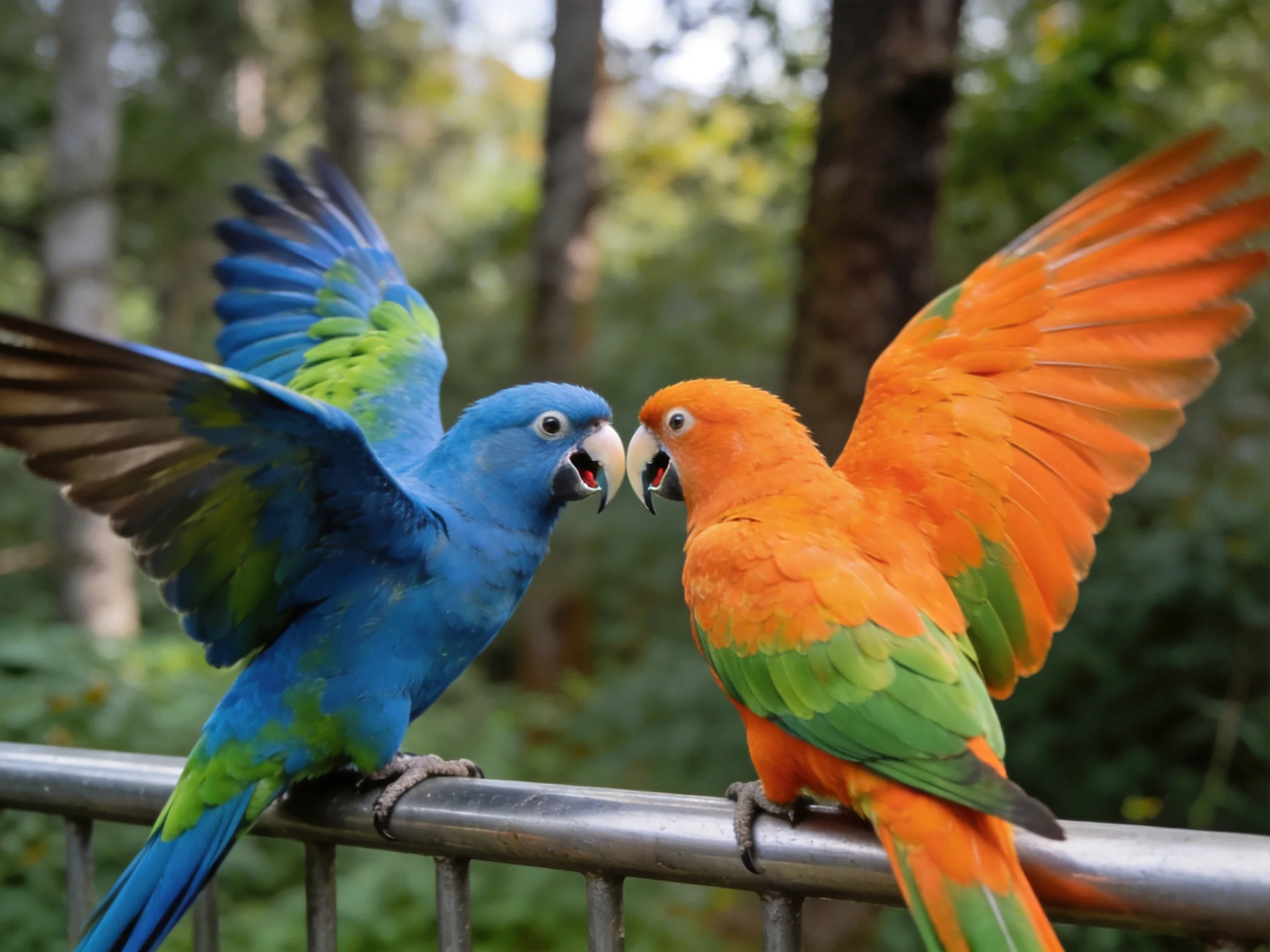 Two colorful parrots interact on a metal railing amid trees