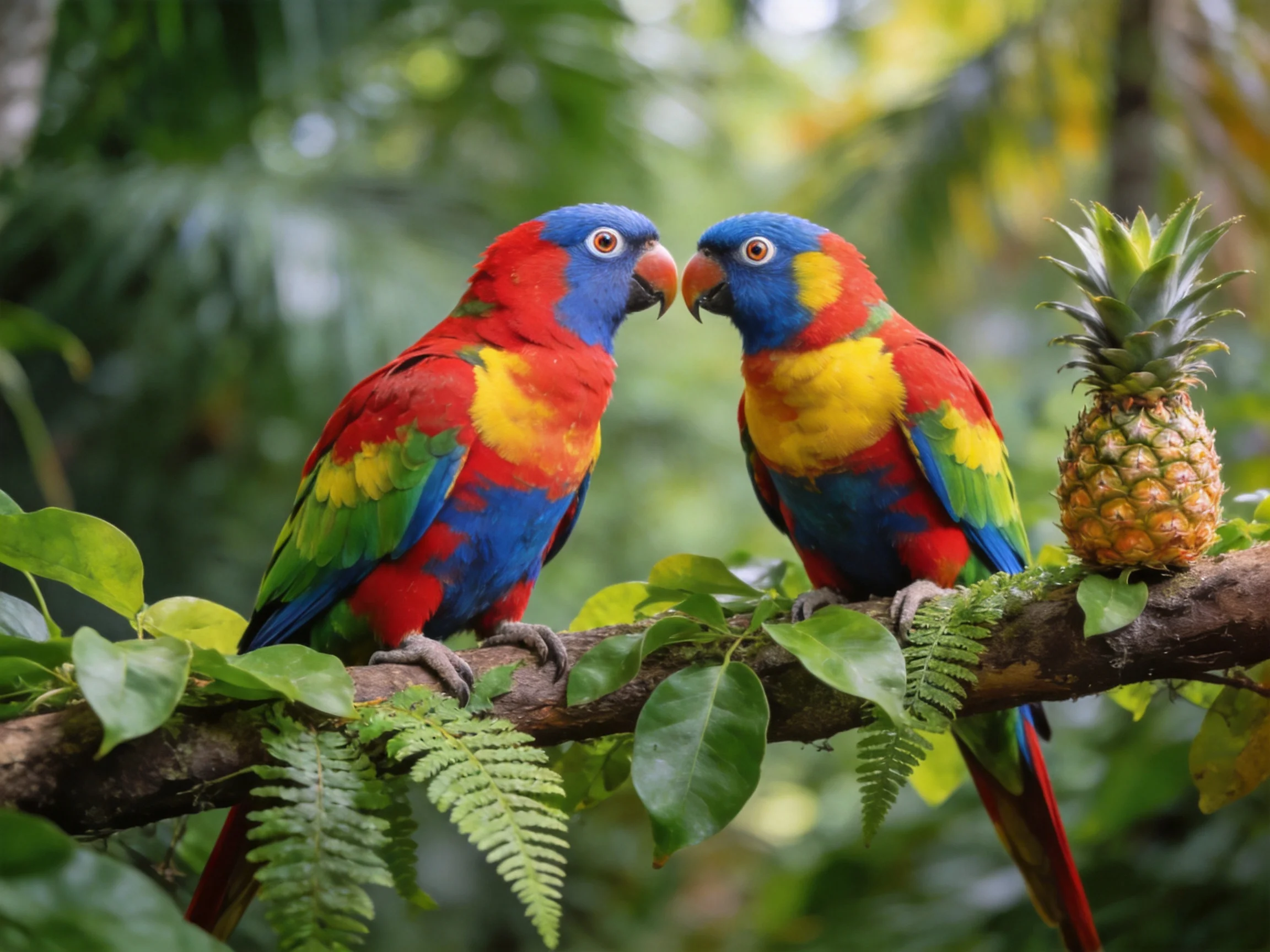 Two colorful parrots near a pineapple on a leafy branch