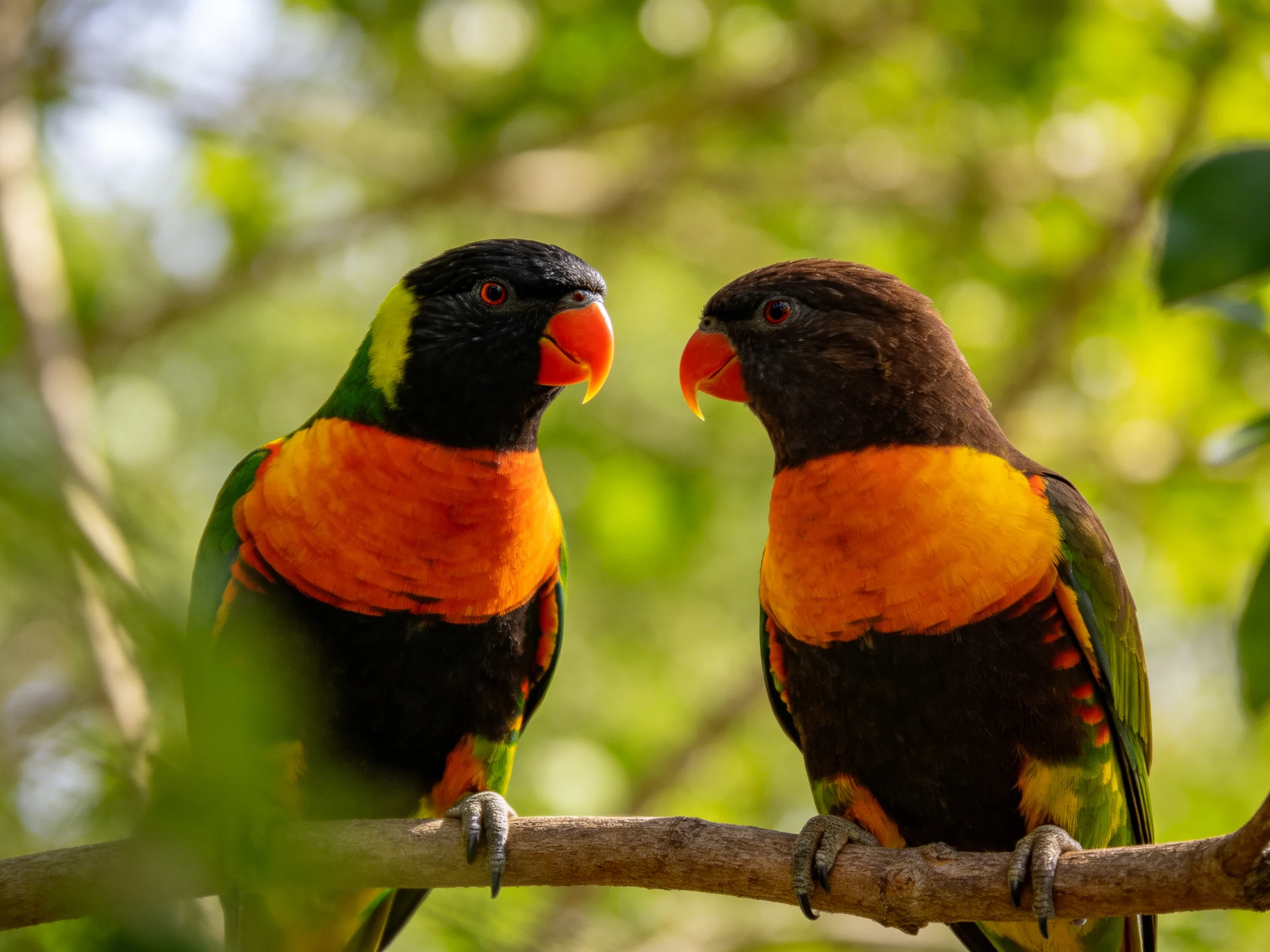 Two colorful parrots with black, orange, green plumage on a branch