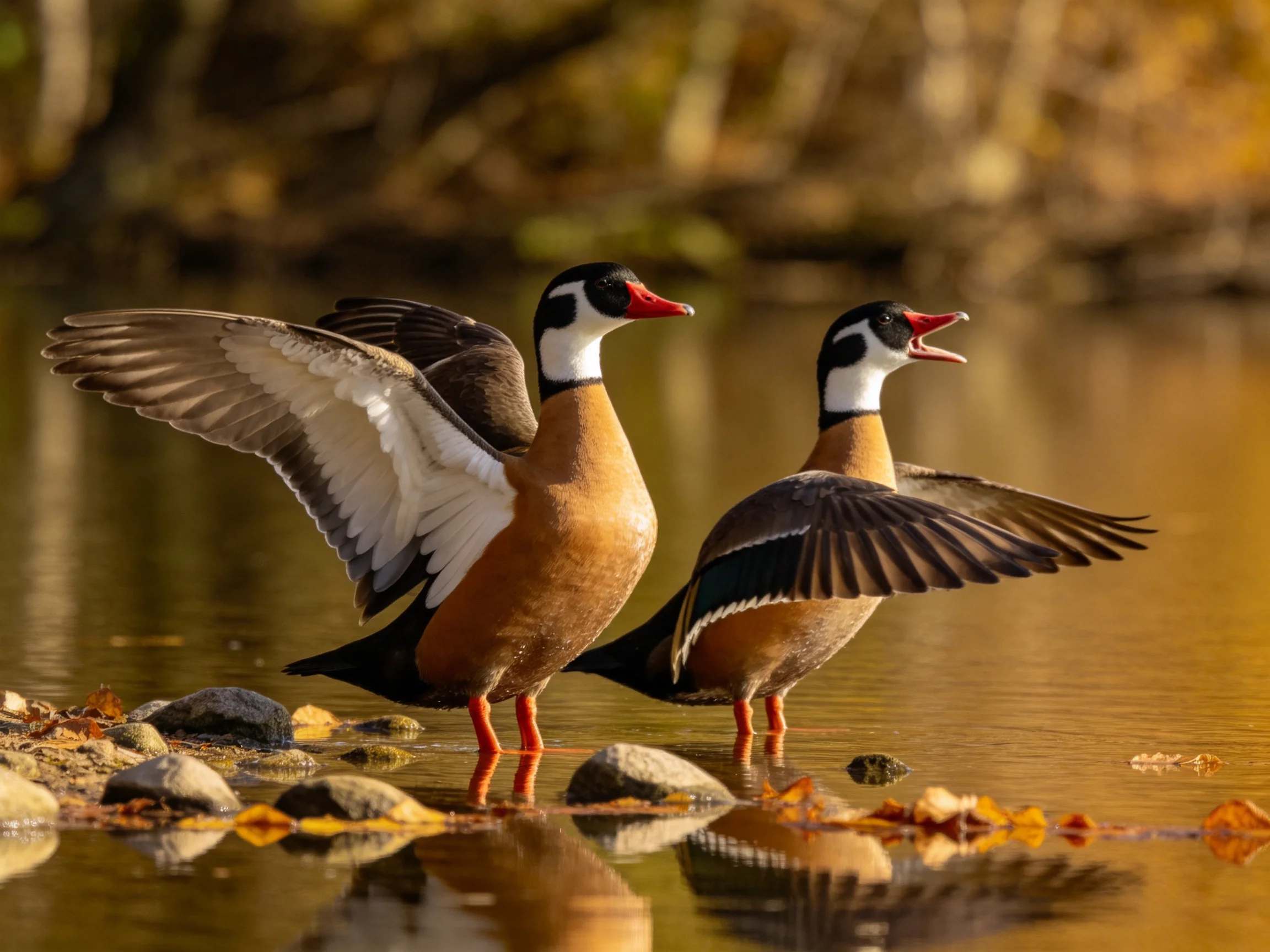 Two colorful waterbirds display wings by golden waterside