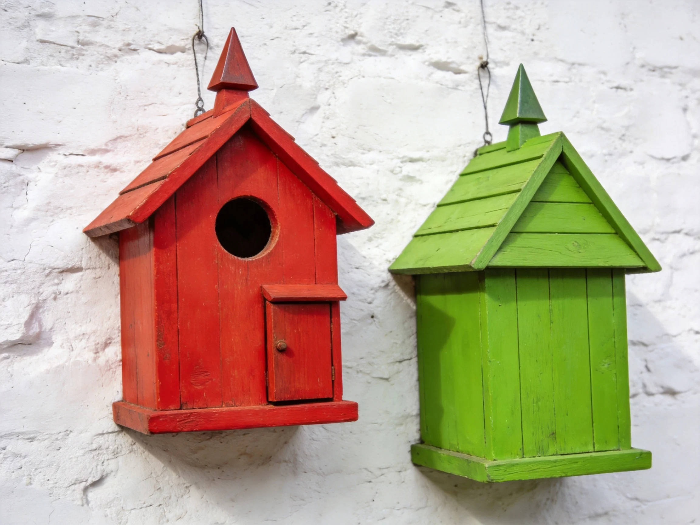 Two colorful wooden birdhouses hang on a white brick wall