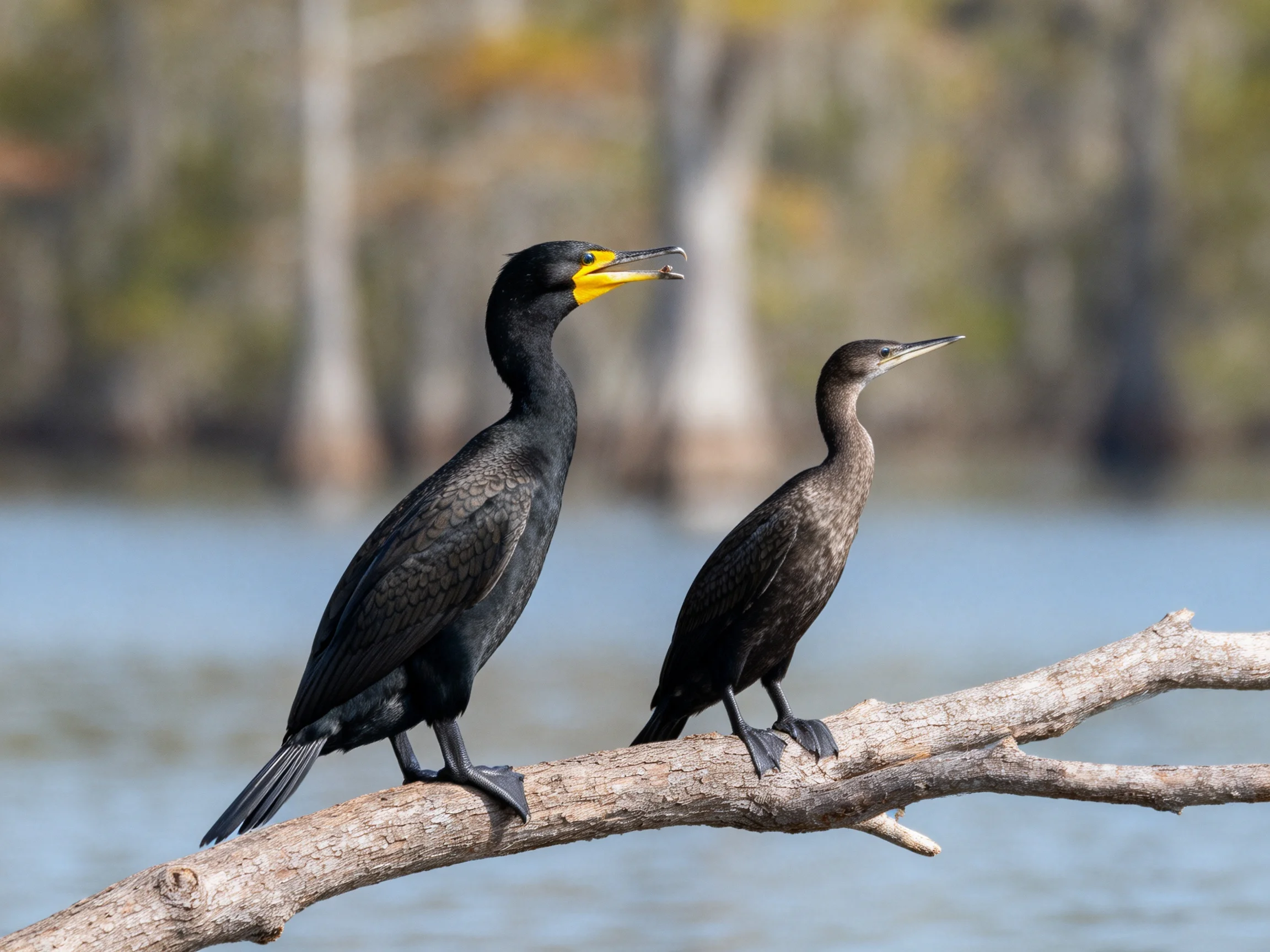 Two cormorants, one black with yellow beak, one brown, on a branch by water